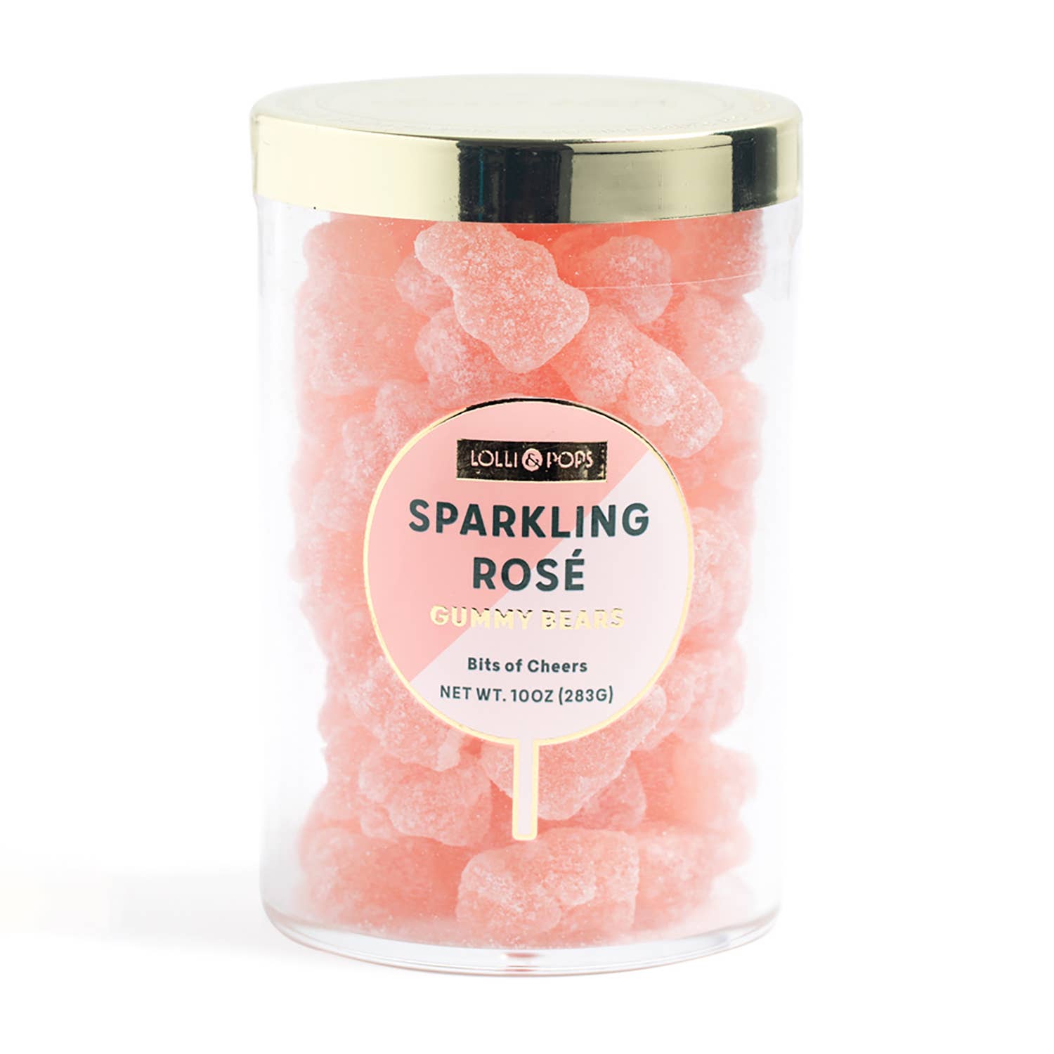 Jar of sparkling rosé gummy bears with a gold lid on a white background