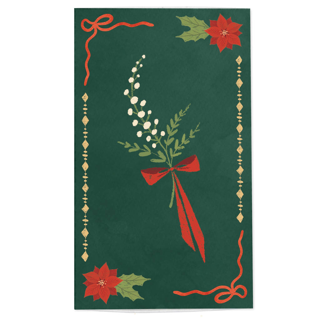 A rectangular dark green holiday-themed print or card featuring a central bouquet with a red bow, white berries, poinsettias, and decorative gold and red border details on a white background.