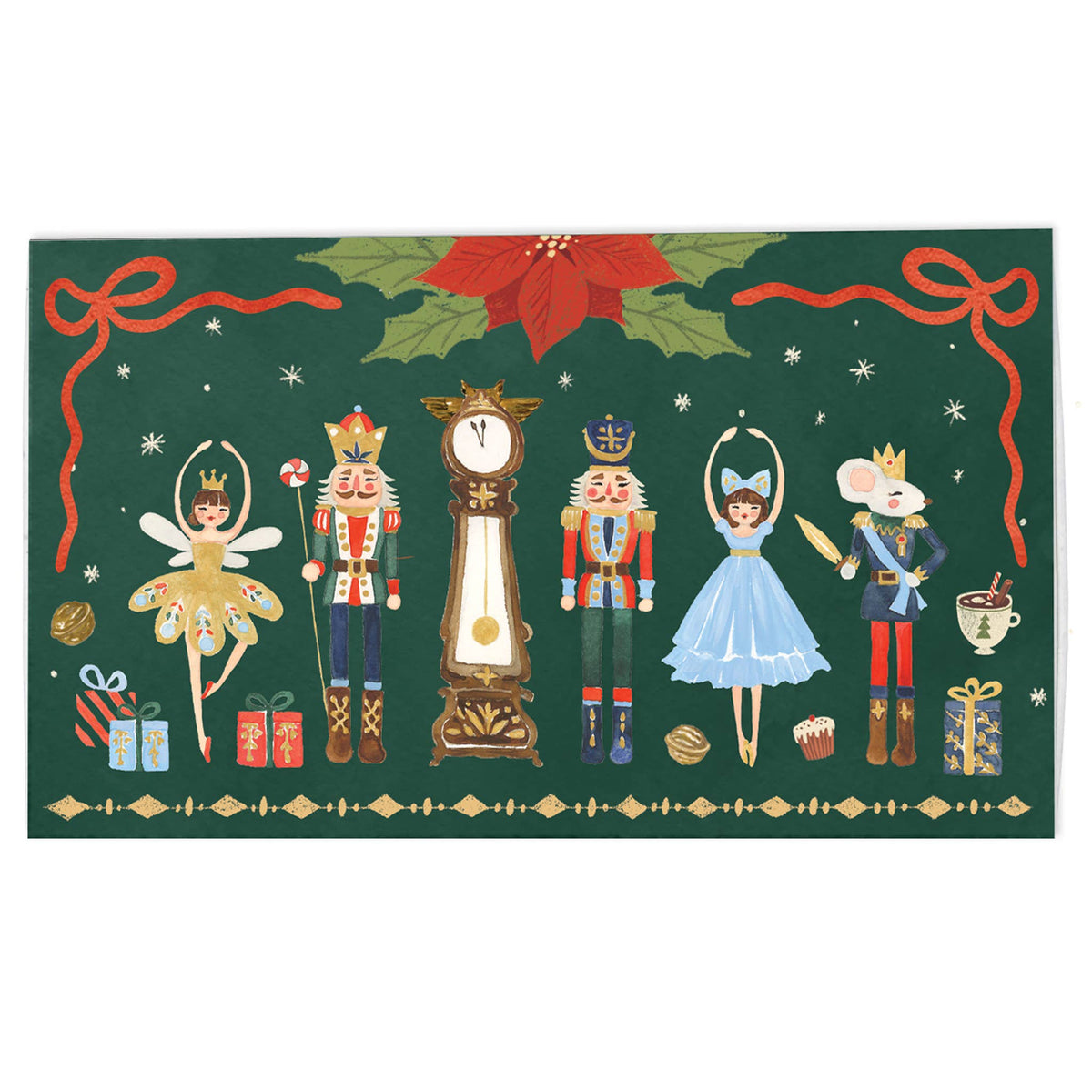 A square Christmas-themed art print or card featuring Nutcracker characters, a clock, gifts, a teacup, and holiday motifs on a dark green background with a red poinsettia at the top.