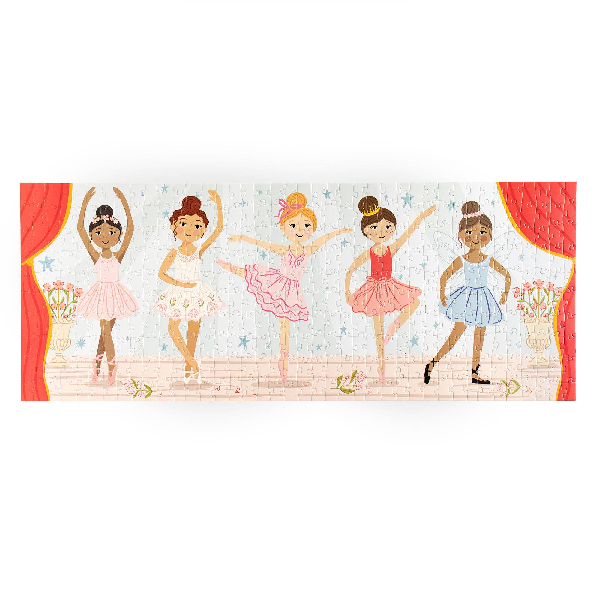 A rectangular wall art print featuring an illustrated ballet stage scene with five ballerinas in pink, white, red, and blue dresses, red curtains, and small flowers on a light stage floor.