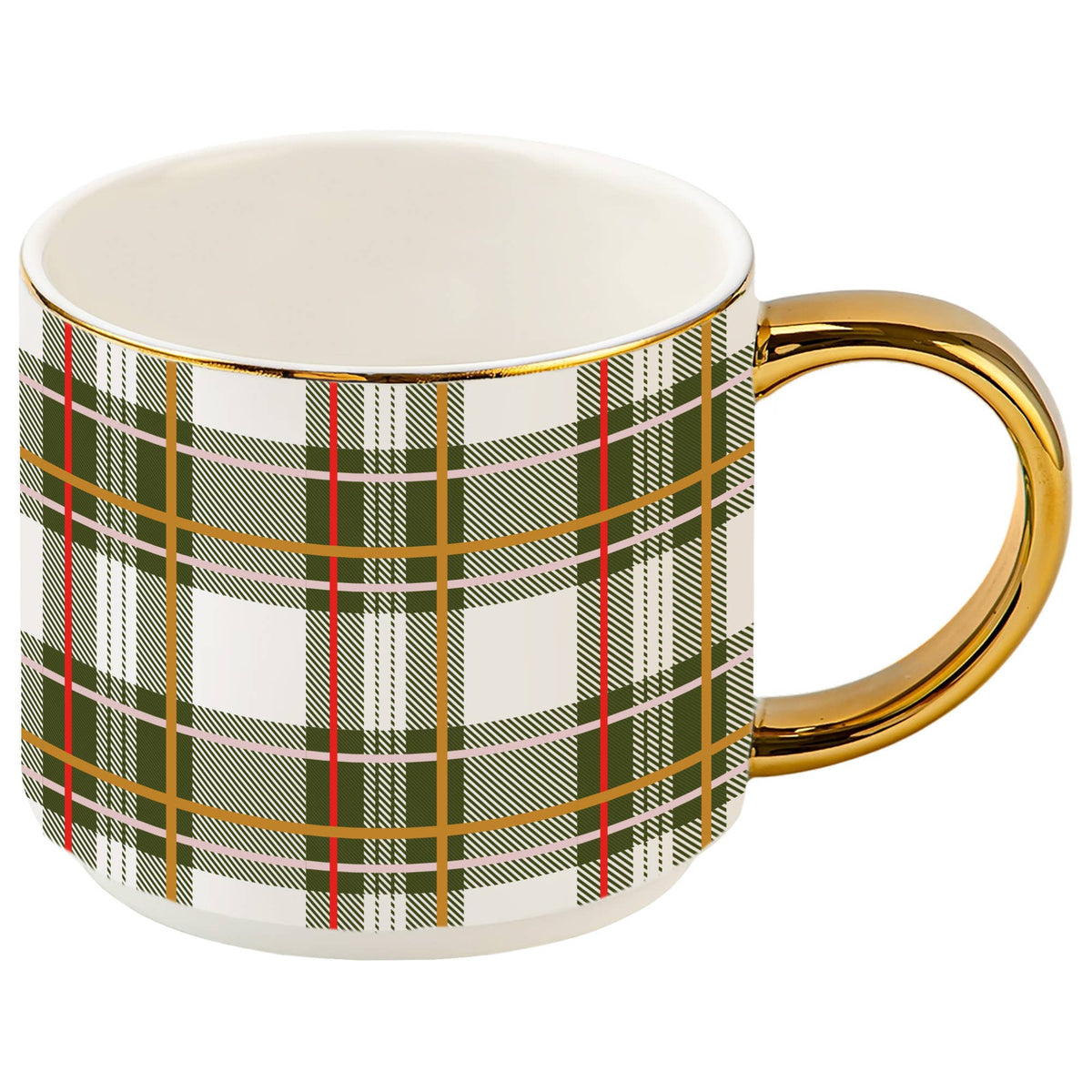 Green and white plaid coffee mug with red stripes, gold detailing, a gold rim, and a gold handle on a white background.
