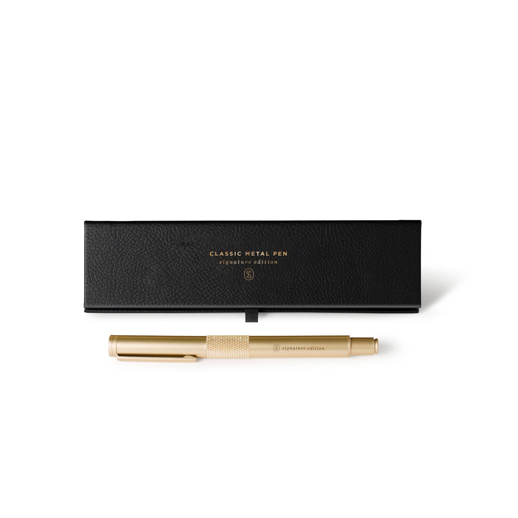 Gold pen with black box on a white background