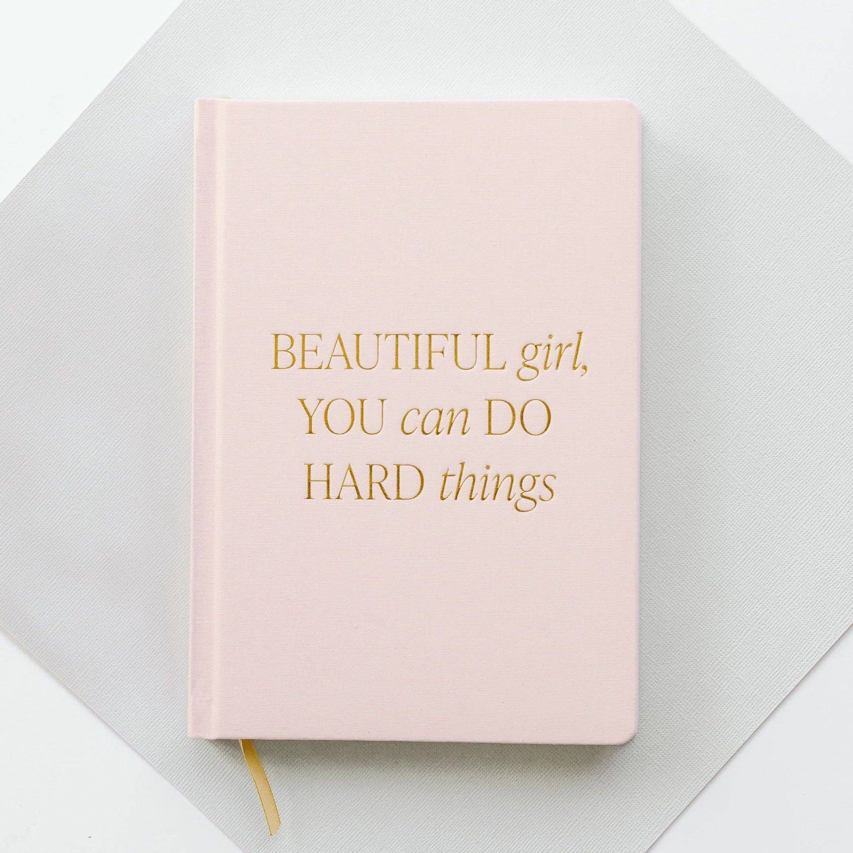 Pink notebook with gold text on a light gray background