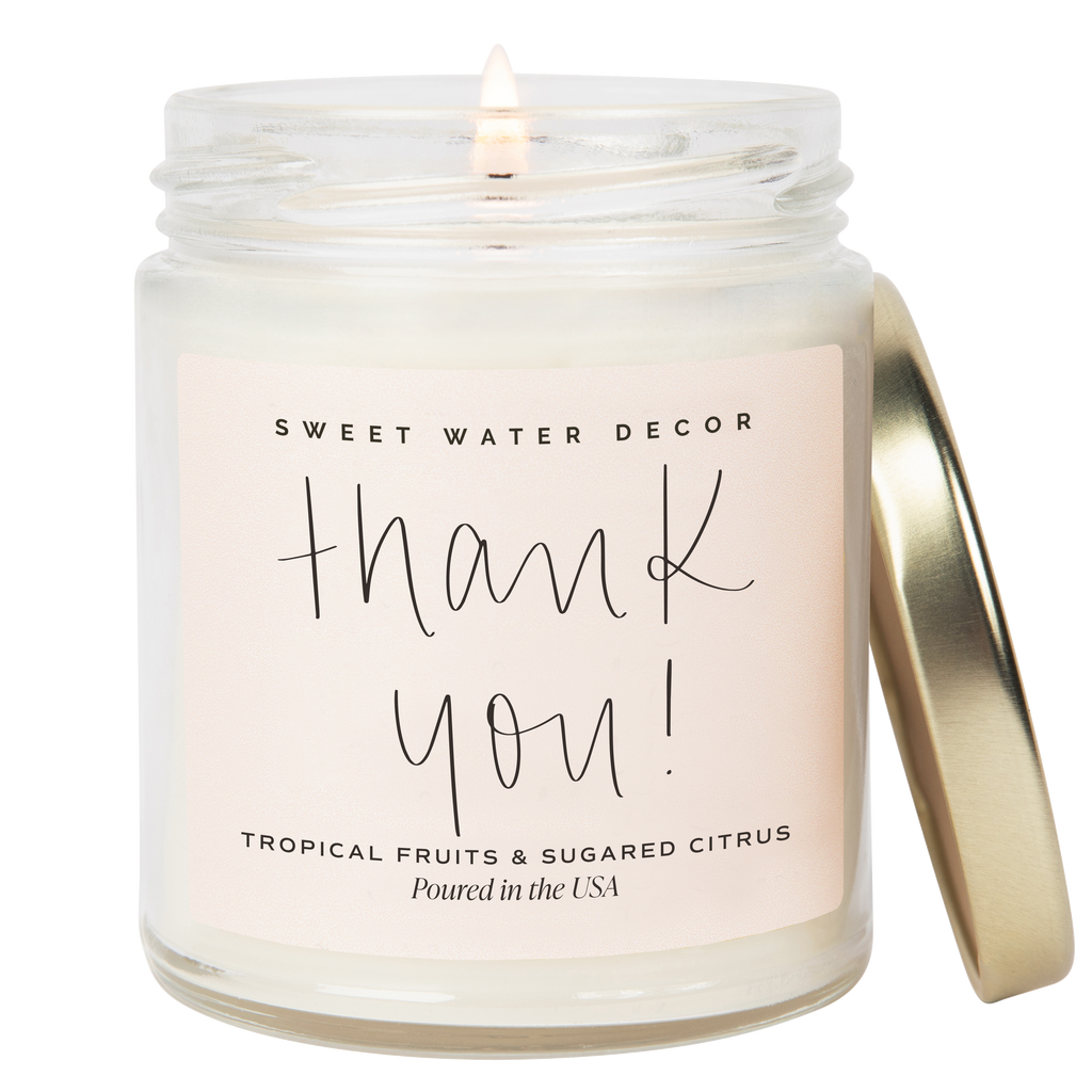 Candle in a jar with 'Sweet Water Decor' label and 'Thank You!' text on a white background
