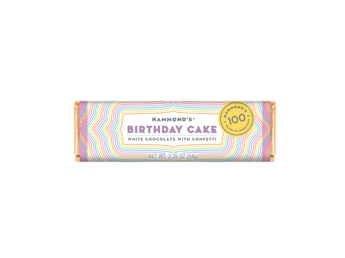 Hammond's Birthday Cake white chocolate bar with confetti on a white background
