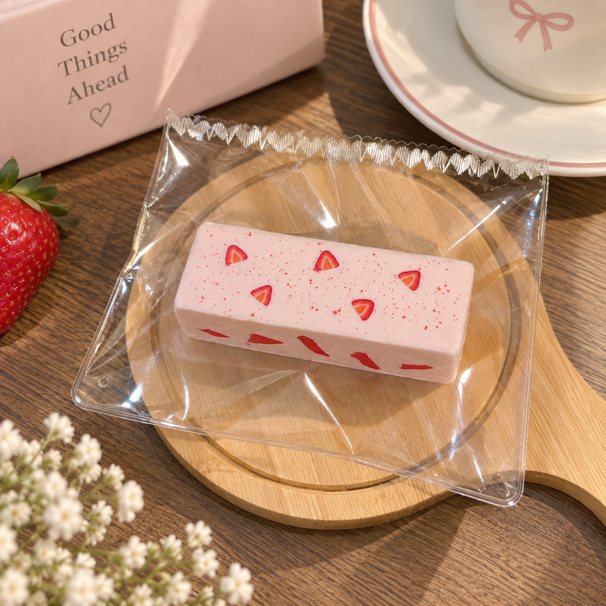 Pink strawberry yogurt Taba squishy toy in clear packaging, styled with a fresh strawberry, pink accents and a teacup on a warm wooden background.