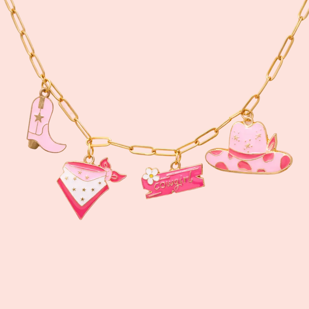 Necklace with colorful charms on a pink background