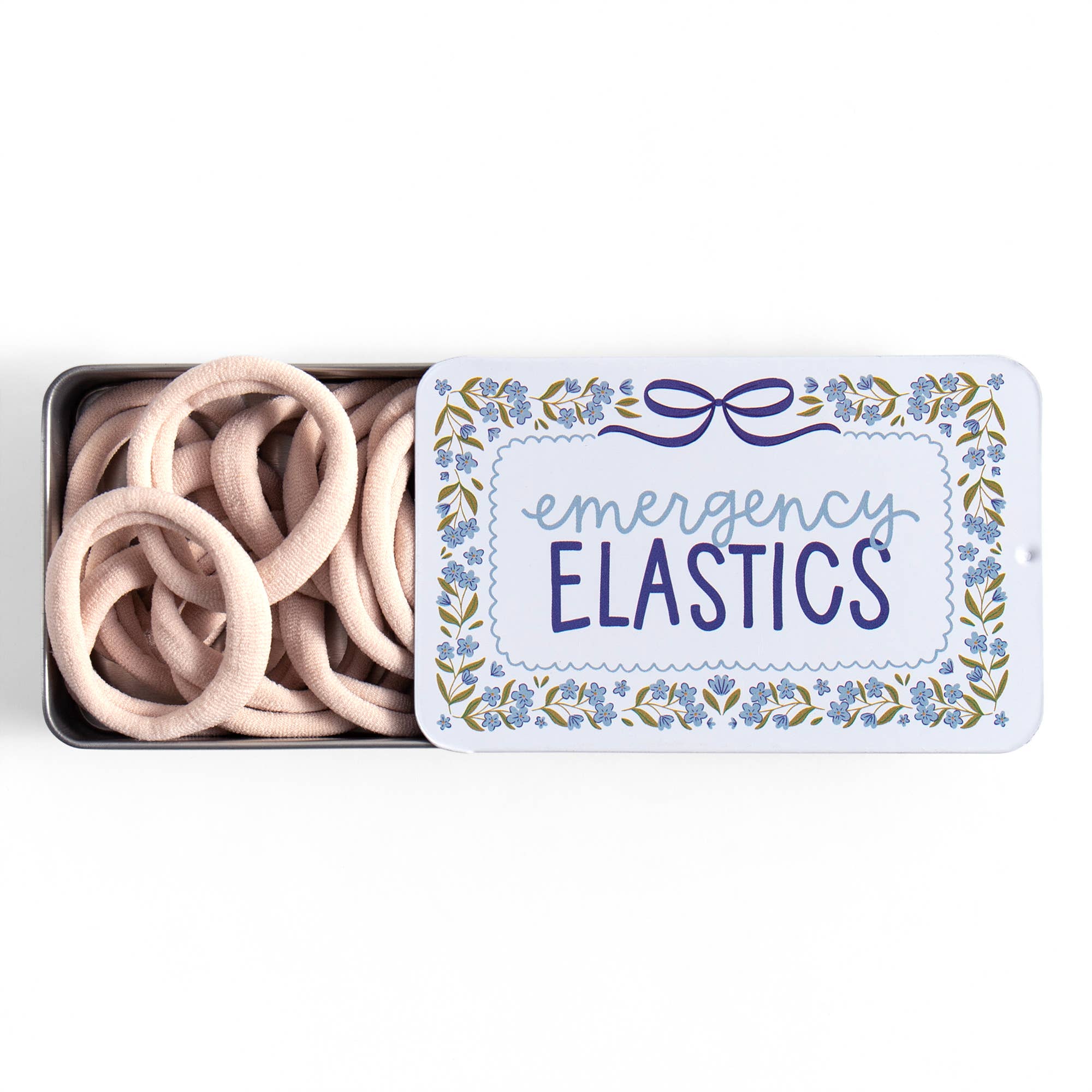 Tin labeled 'emergency elastics' with pink elastics inside on a white background