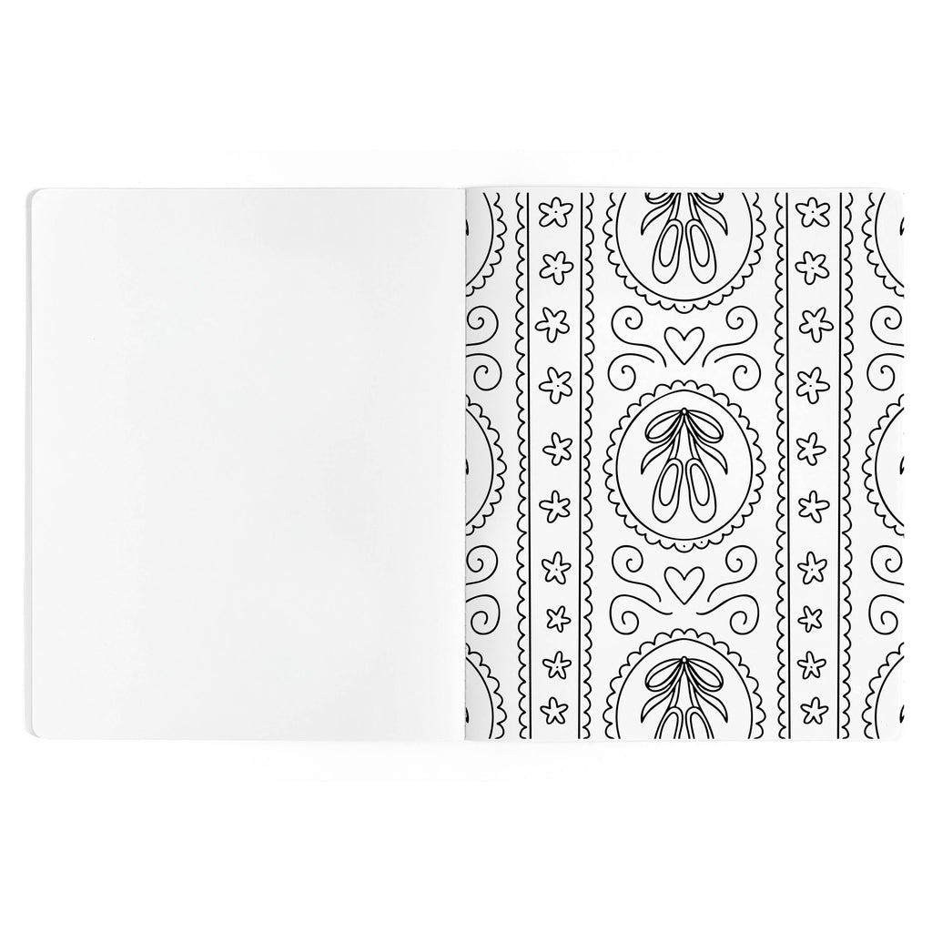Detailed dance-inspired coloring page with decorative borders and patterns.