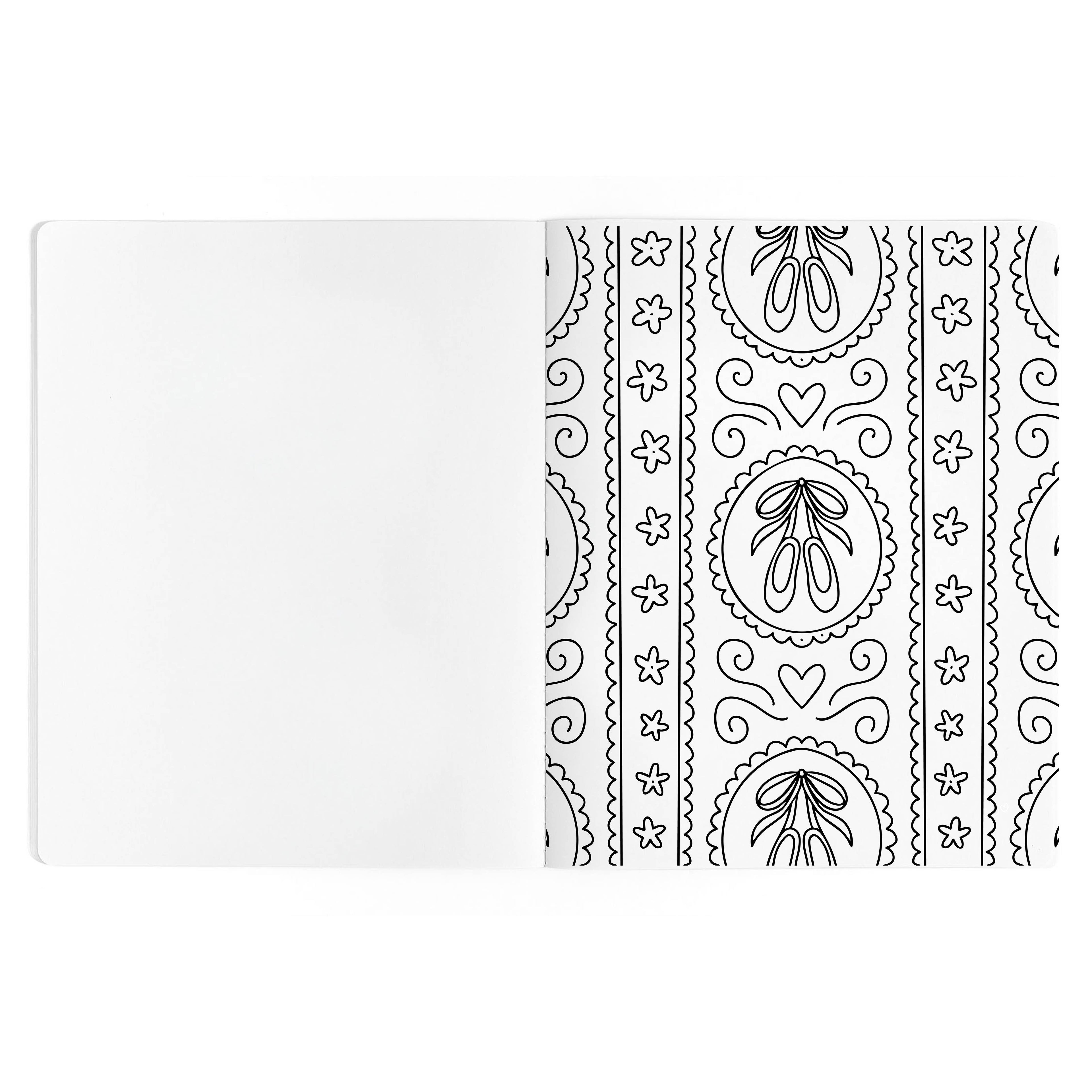 Detailed dance-inspired coloring page with decorative borders and patterns.