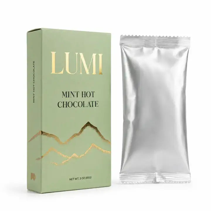Lumi Mint Hot Chocolate packaging with a silver foil packet on a white background