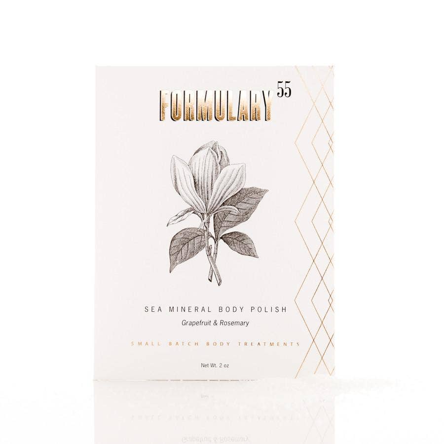 Furmulatory sea mineral body polish packaging with botanical illustration on a white background
