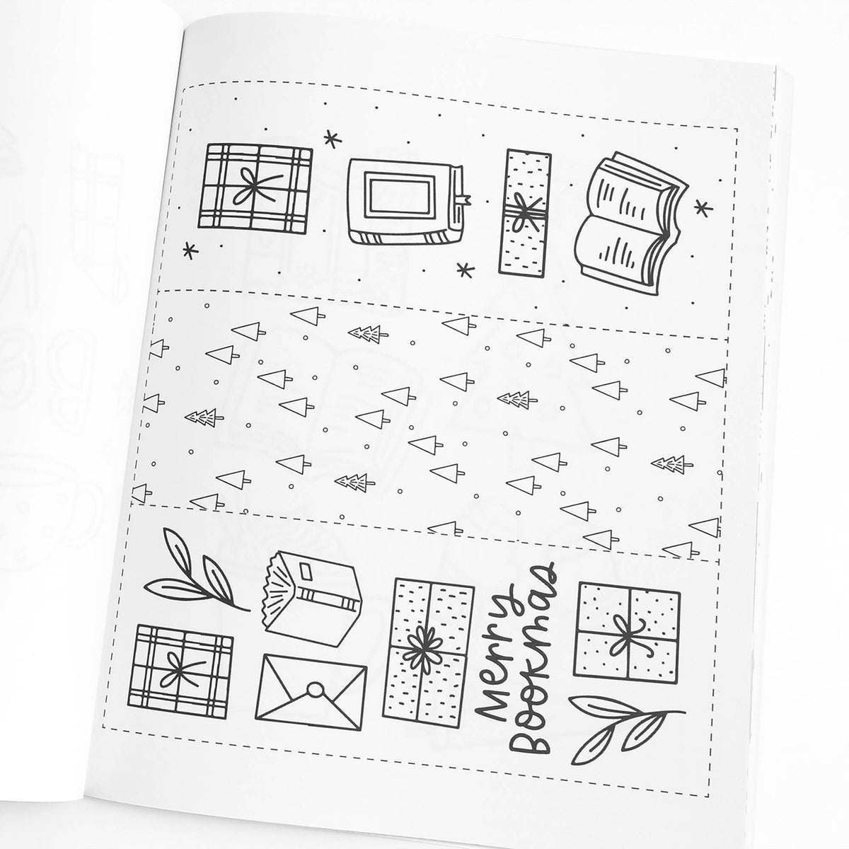 White card with black line art illustrations and 'Merry Bookmaa' text on a white background