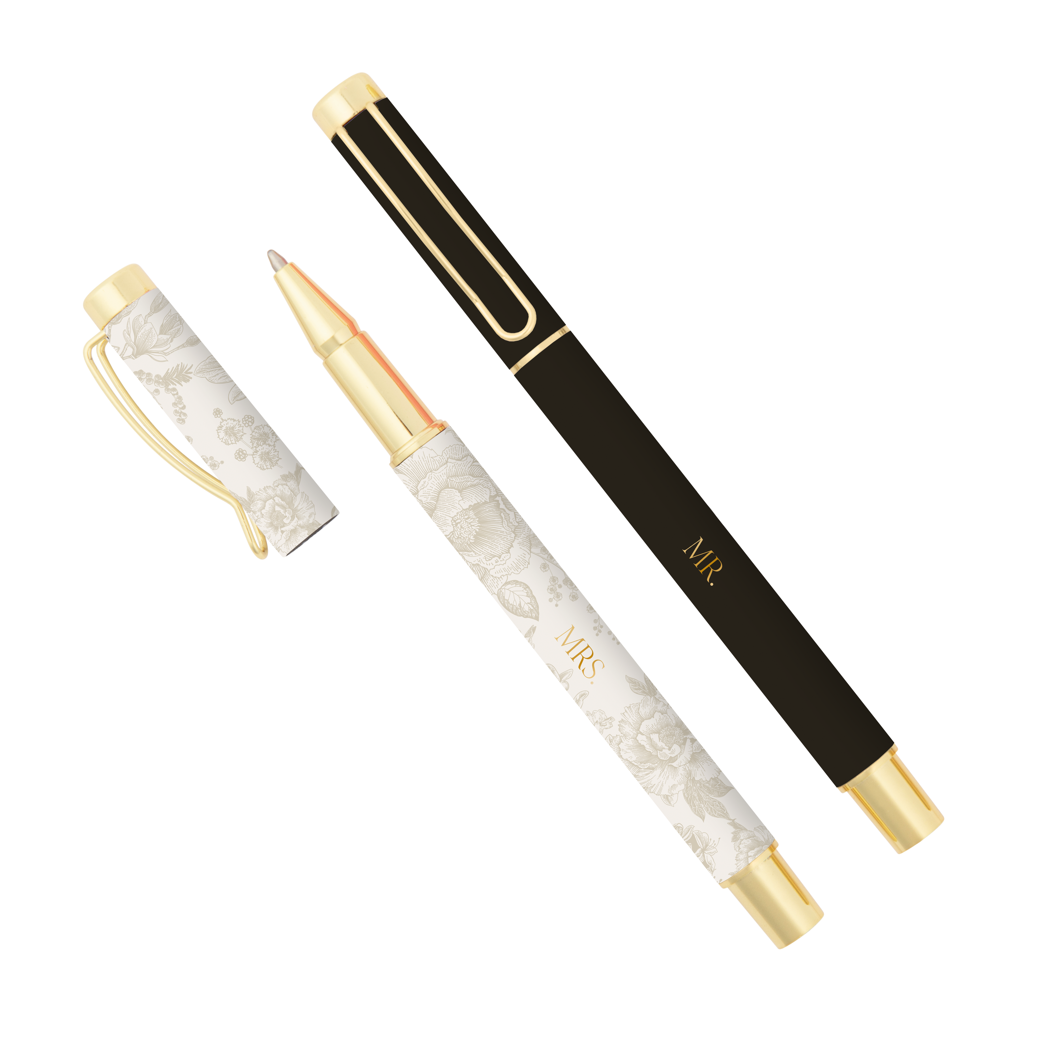 Two pens, one black and gold, one white and gold, on a white background.