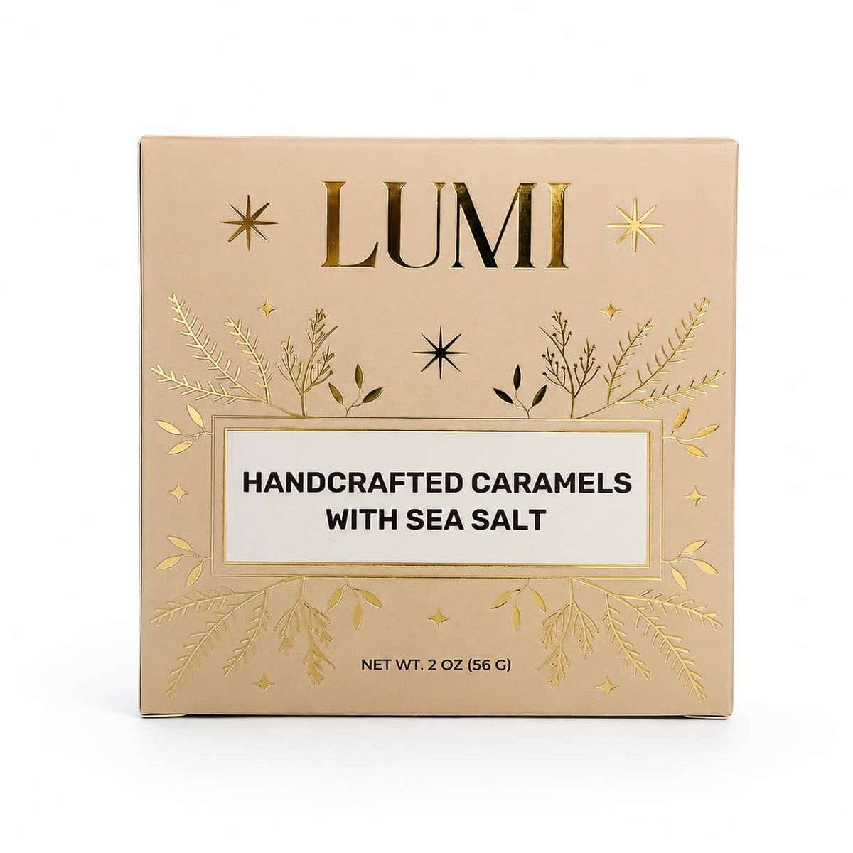 LUMI Handcrafted Caramels with Sea Salt in a square beige box with gold foil botanical and star details, on a white background.