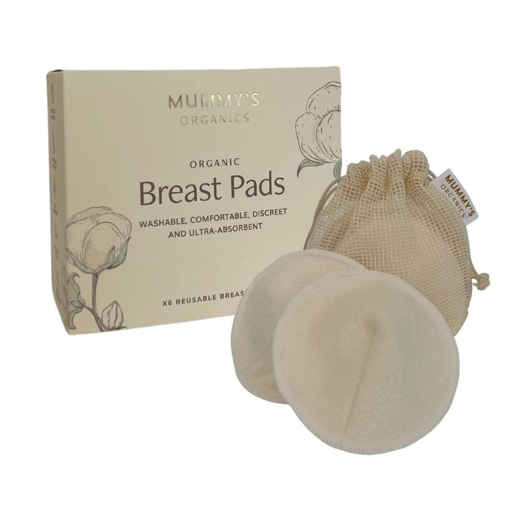 Mummy's Organics organic breast pads with packaging on a white background