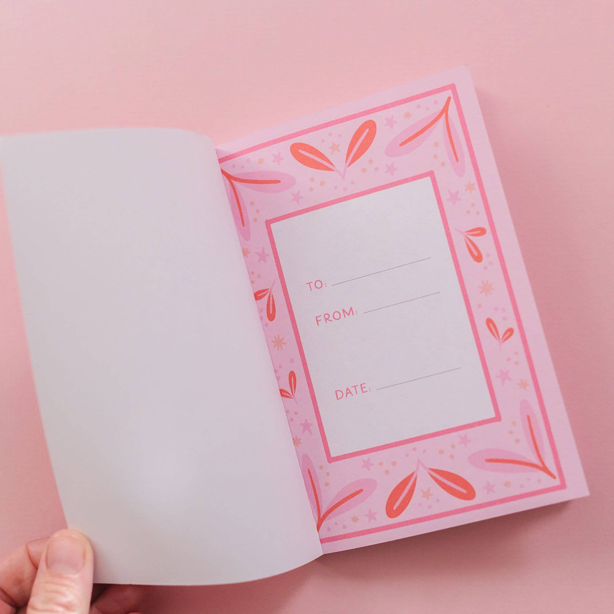 Pink gift tag with 'To', 'From', and 'Date' fields on a pink background