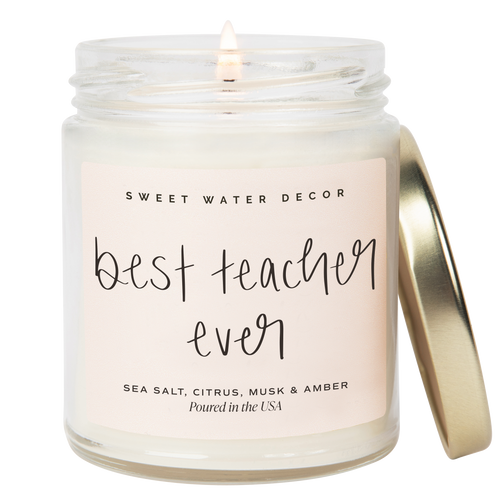 Candle in a jar with 'best teacher ever' text on the label, by Sweet Water Decor.