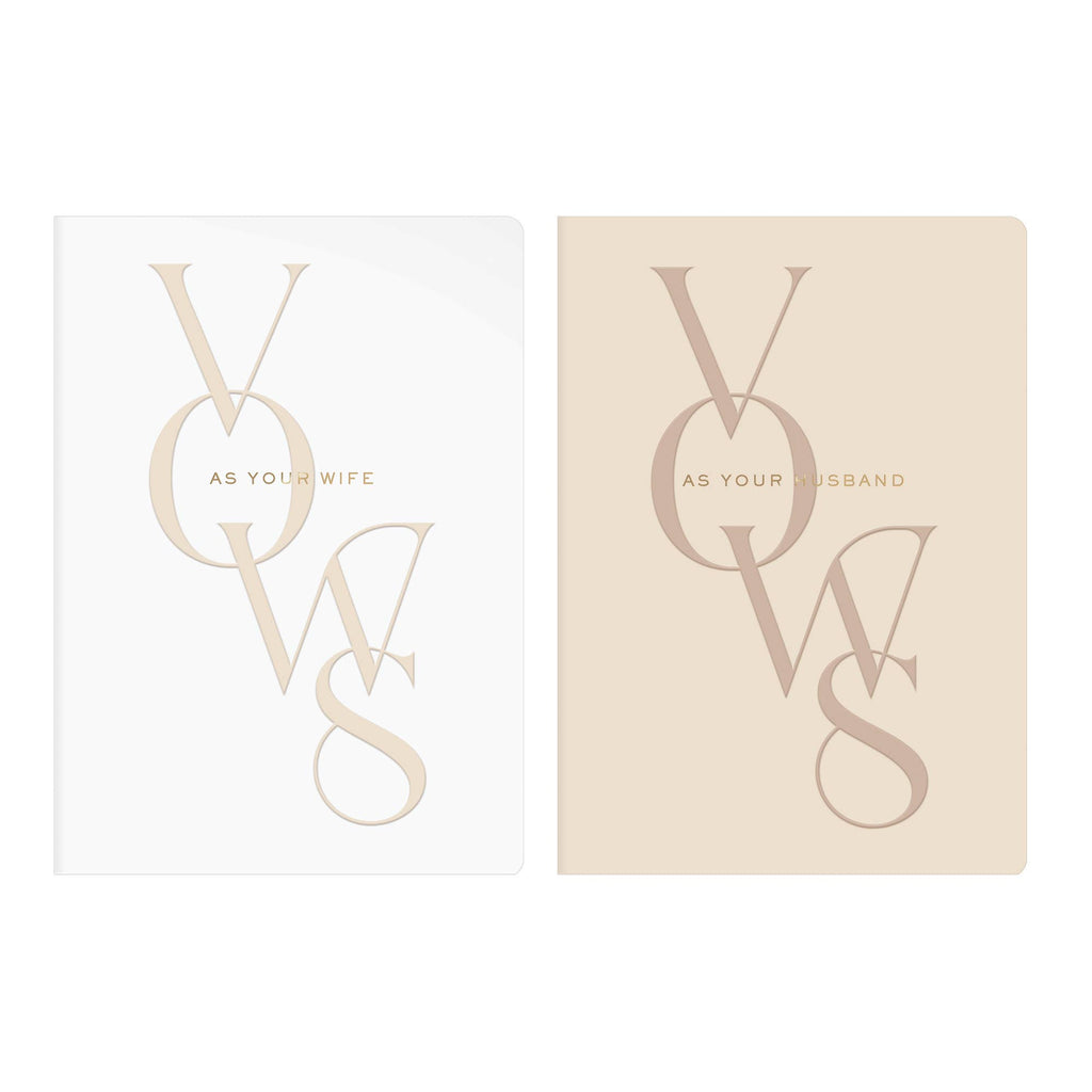 Husband and Wife wedding vow book set featuring elegant cotton textured covers with embossed gold foil details.