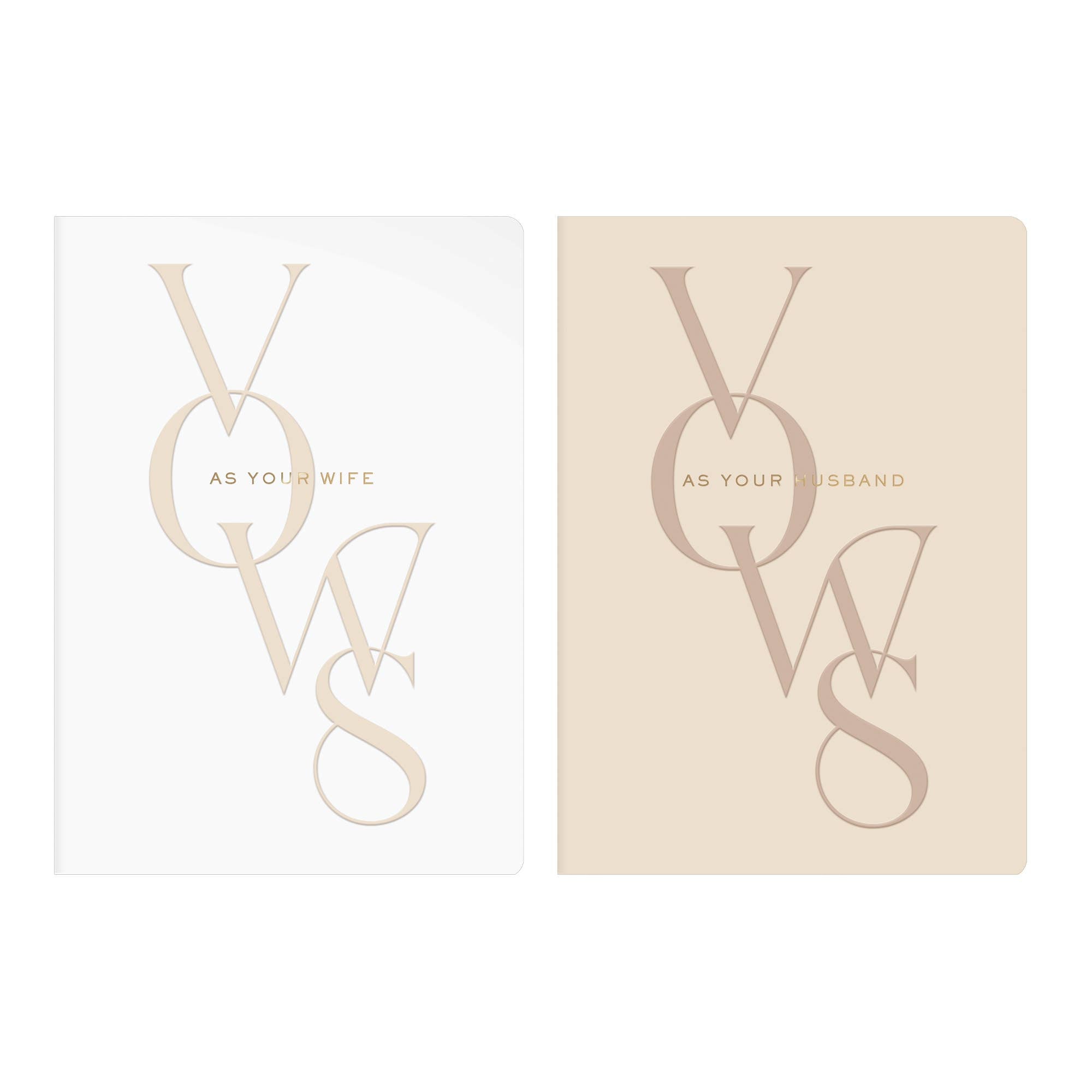 Husband and Wife wedding vow book set featuring elegant cotton textured covers with embossed gold foil details.