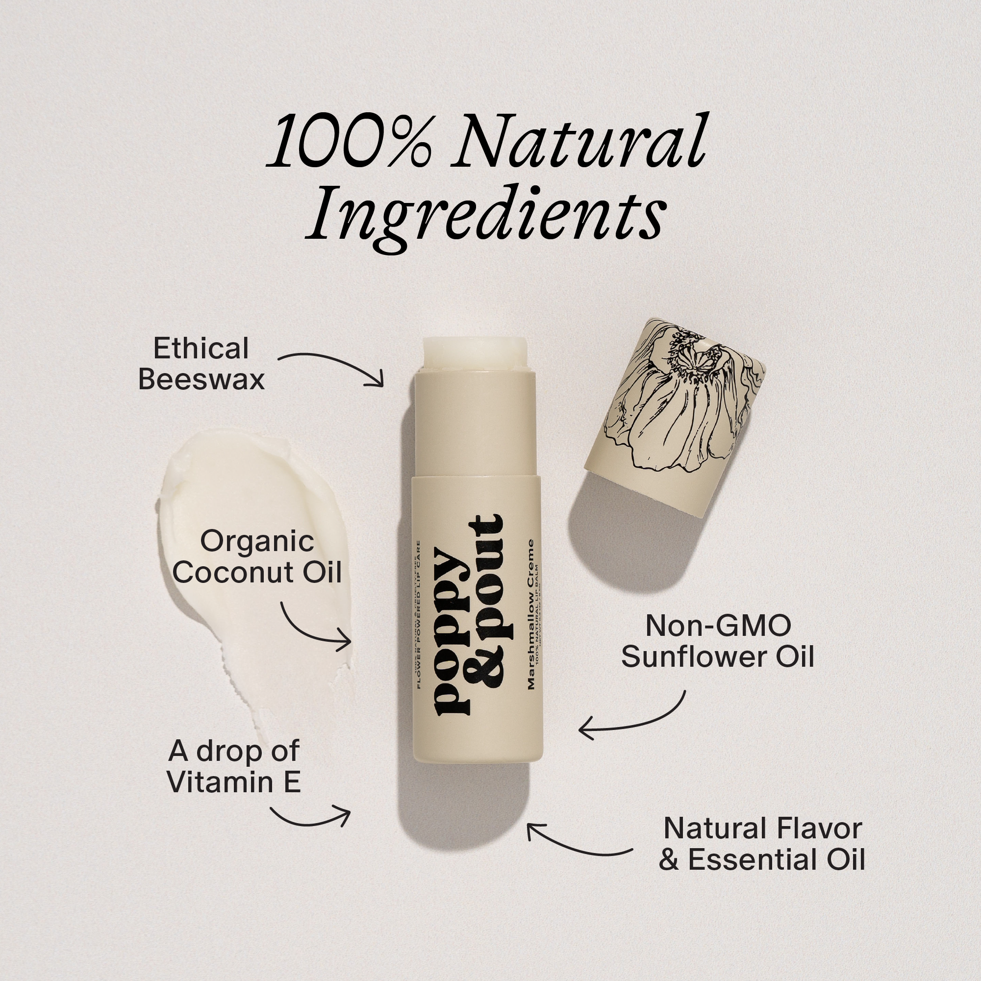Lip balm with labeled natural ingredients on a light gray background