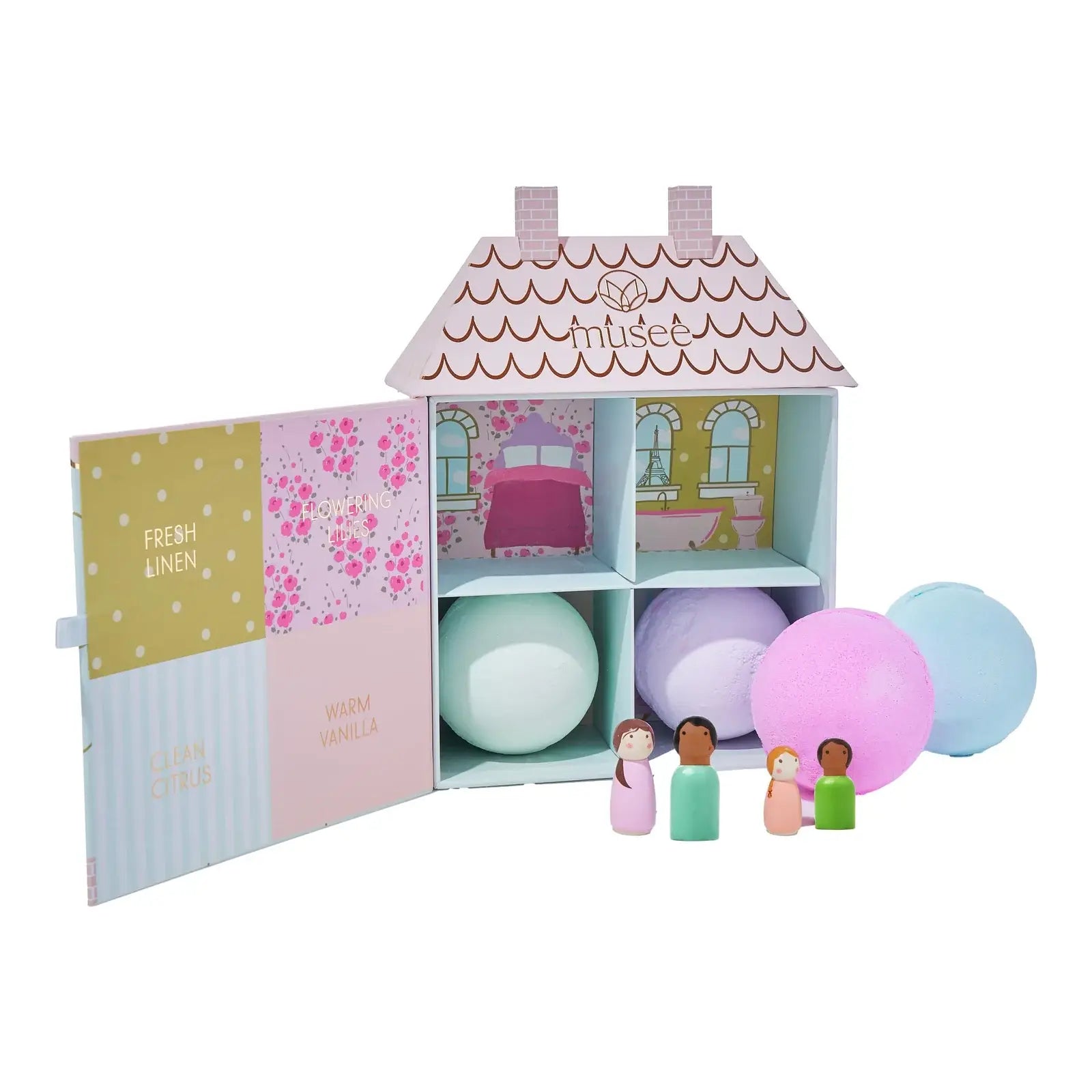 Miniature dollhouse with pastel colors, balloons, and small figures on a white background
