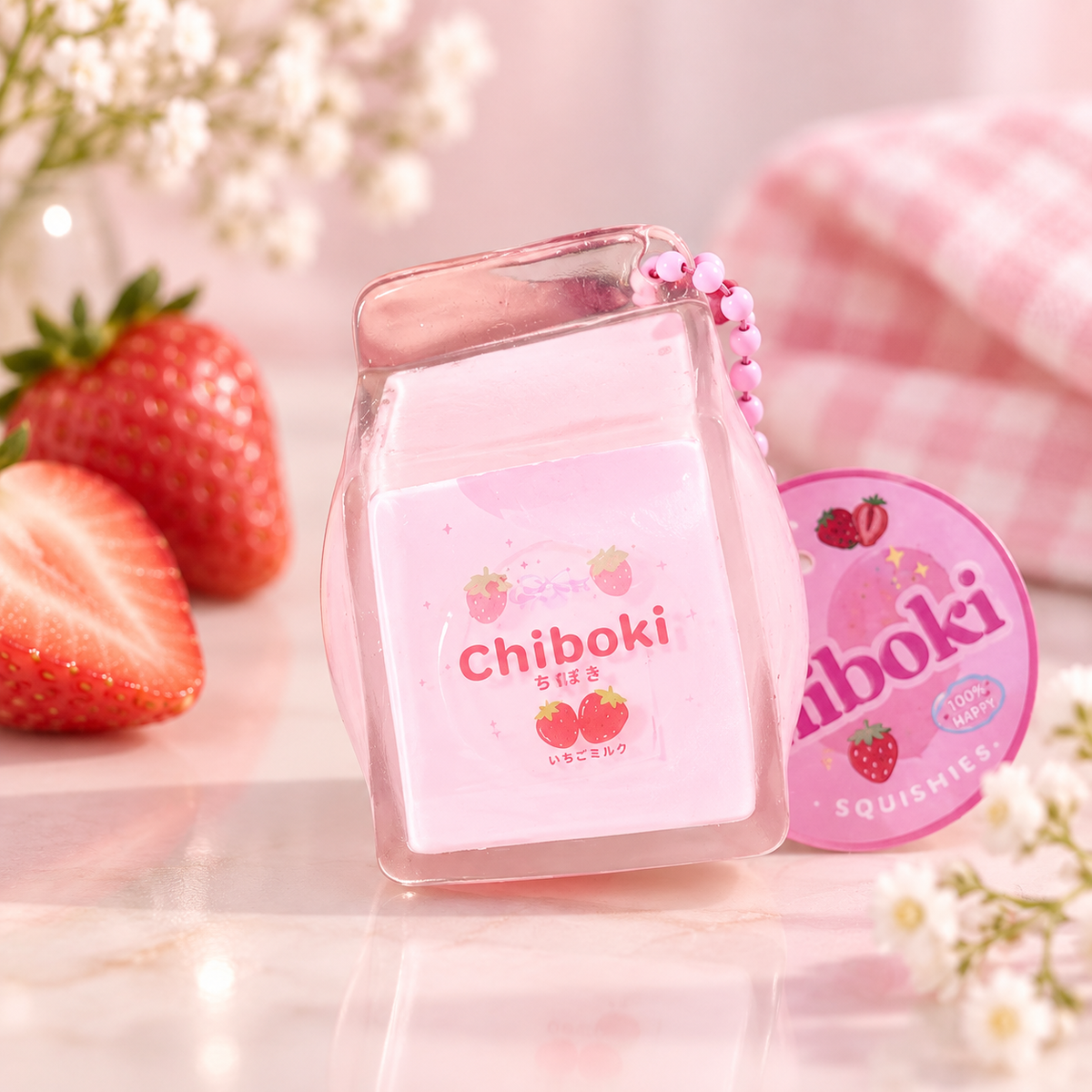 Chiboki Studio Strawberry Milk Carton Squishy in pastel pink with strawberry details, styled with fresh strawberries and soft white florals.