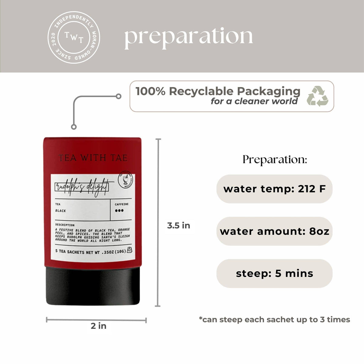 Tea package with preparation instructions and recyclable packaging label on a white background