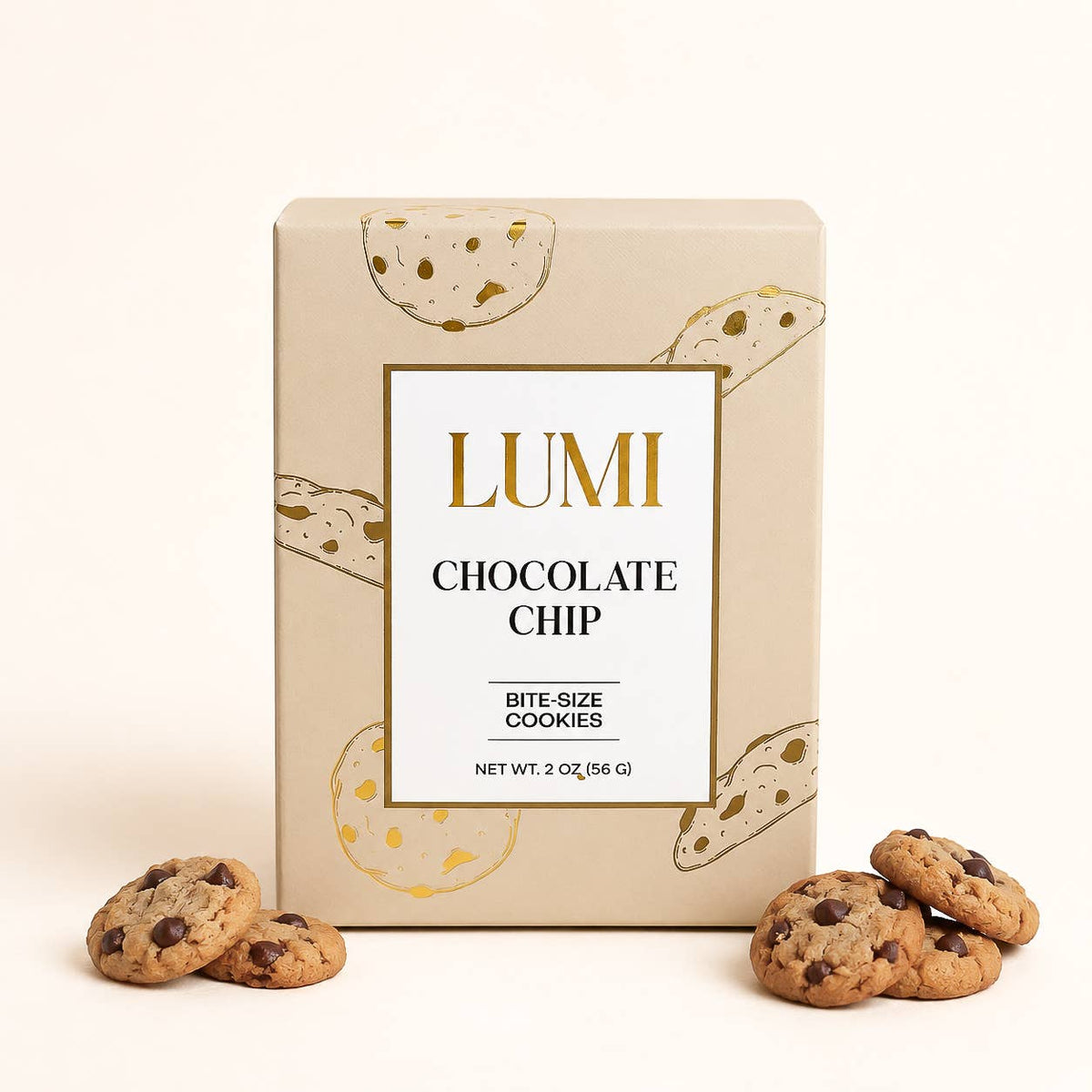 A box of LUMI Chocolate Chip bite-size cookies on a light cream background, with several cookies placed in front of the box.