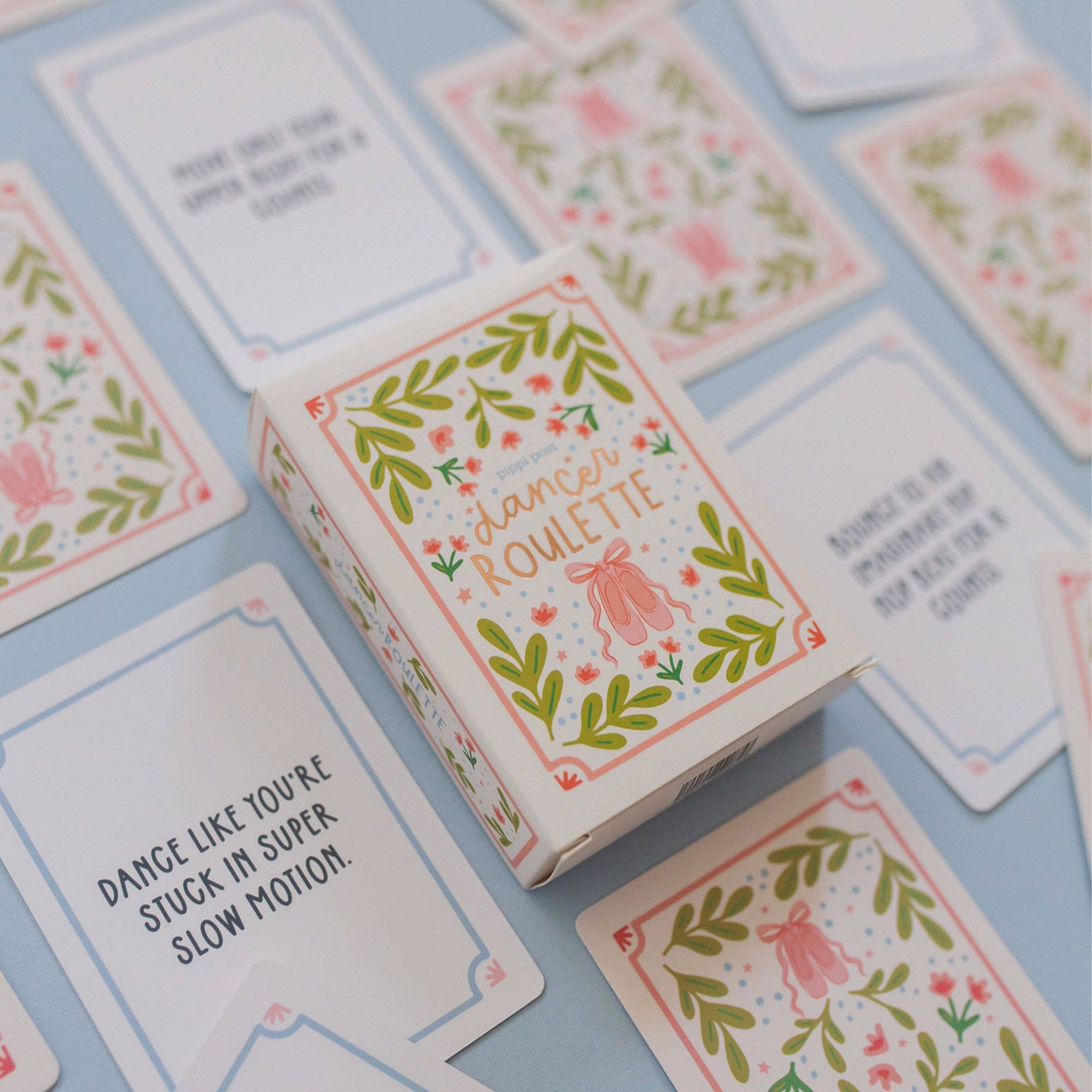 Dancer Roulette Draw & Do Activity Card Game featuring floral card designs and dance prompts.