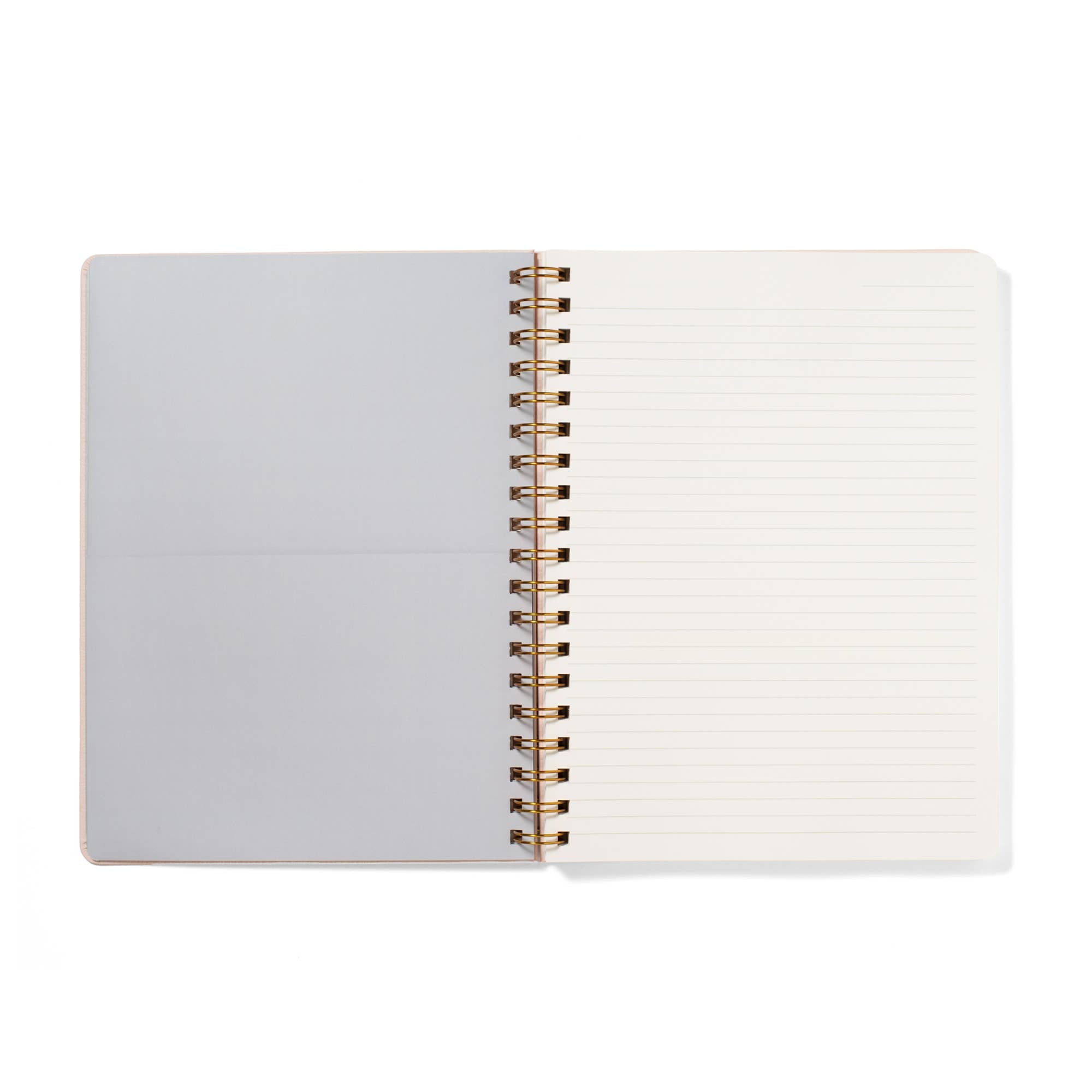 Open notebook with spiral binding on a white background
