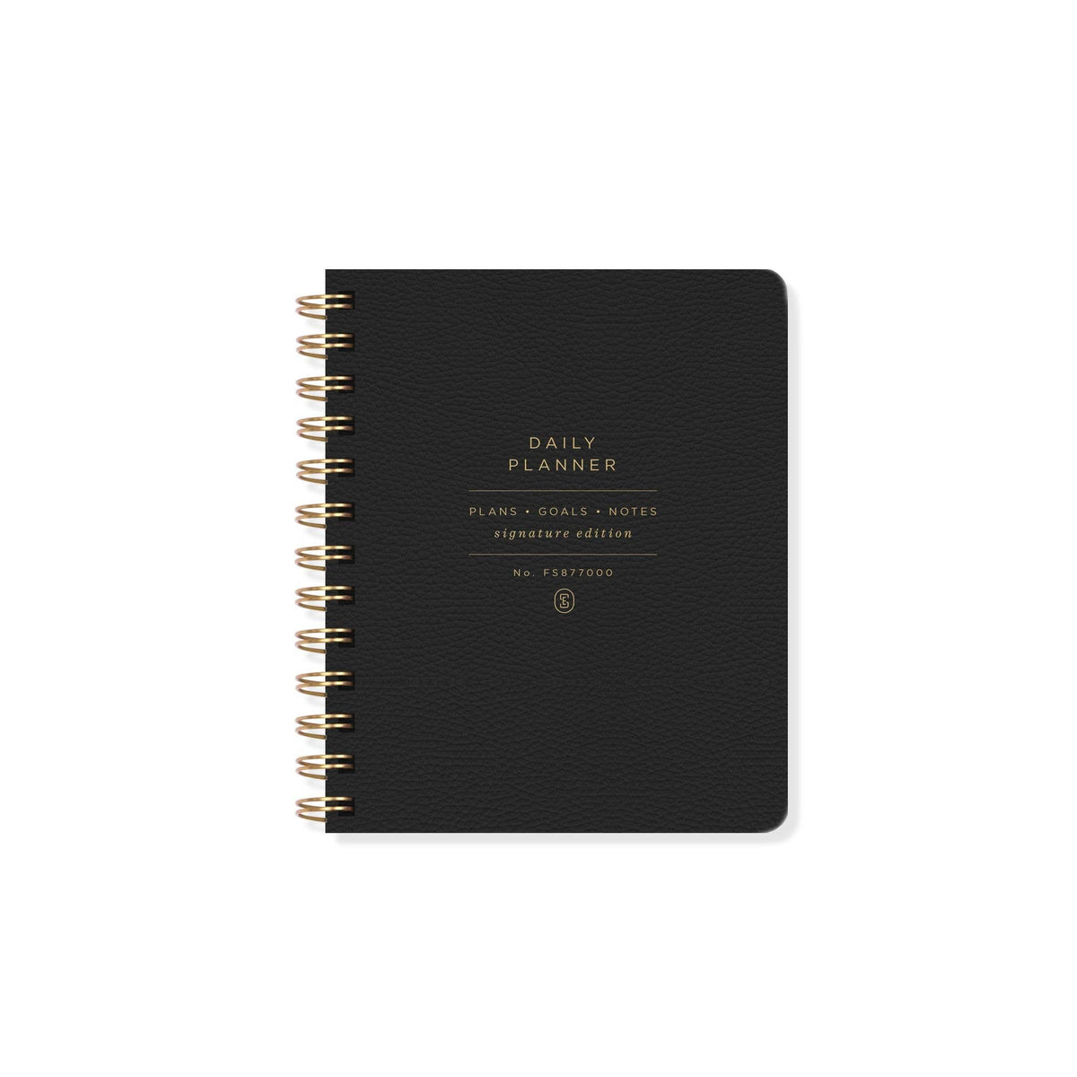 Black Signature Edition non-dated daily planner with a textured faux leather cover, gold foil lettering, rounded corners, and gold spiral binding on a white background. Perfect for planning, goal setting, journaling, and everyday organization.