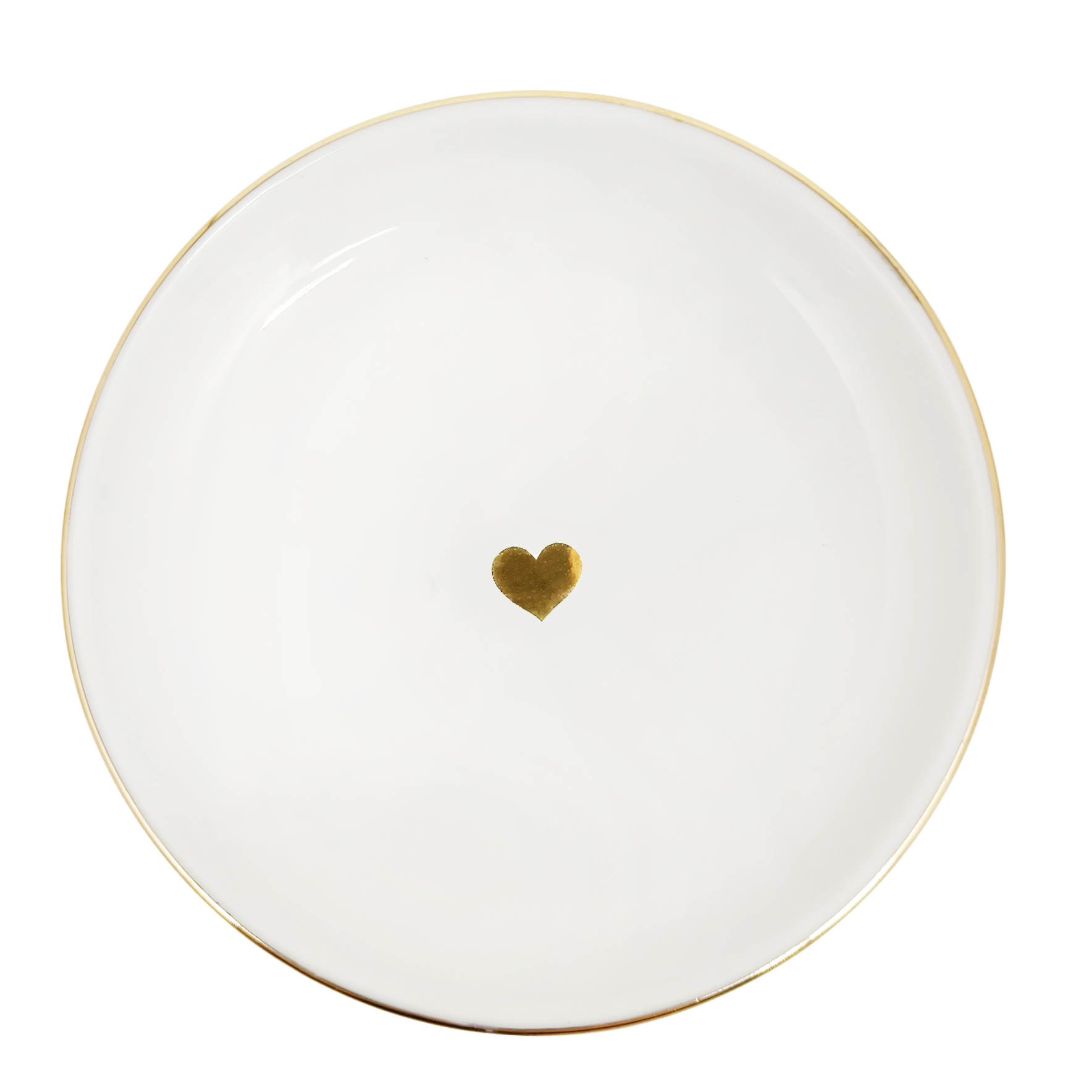 White plate with a gold heart design on a white background