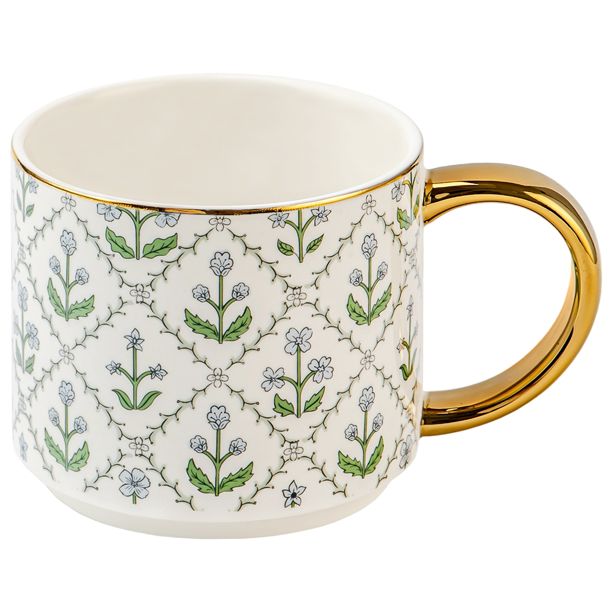 White mug with floral pattern and gold handle on a white background