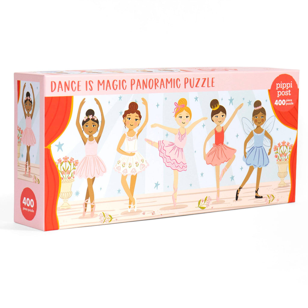 A boxed children's jigsaw puzzle package titled "Dance is Magic Panoramic Puzzle" with an illustration of five ballerinas in pink, peach, red, and blue outfits on a light stage. The box is pink and shows "400 pieces" and the brand name "pippi post" on the front and side.