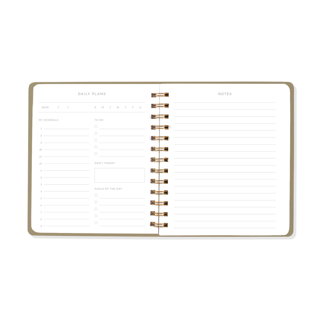 An open spiral-bound planner showing daily plans and notes pages, with a thin gold-toned border and metallic coil binding on a plain white background.