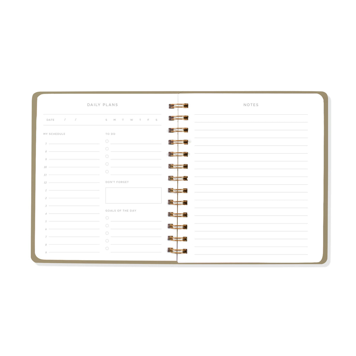 An open spiral-bound planner showing daily plans and notes pages, with a thin gold-toned border and metallic coil binding on a plain white background.
