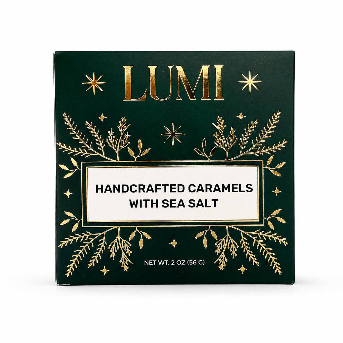 LUMI Handcrafted Caramels with Sea Salt in a dark green box with gold foil details and a white label.