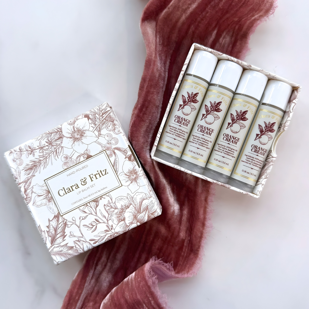 Set of skincare products with 'Clara & Fritz' branding on a white background