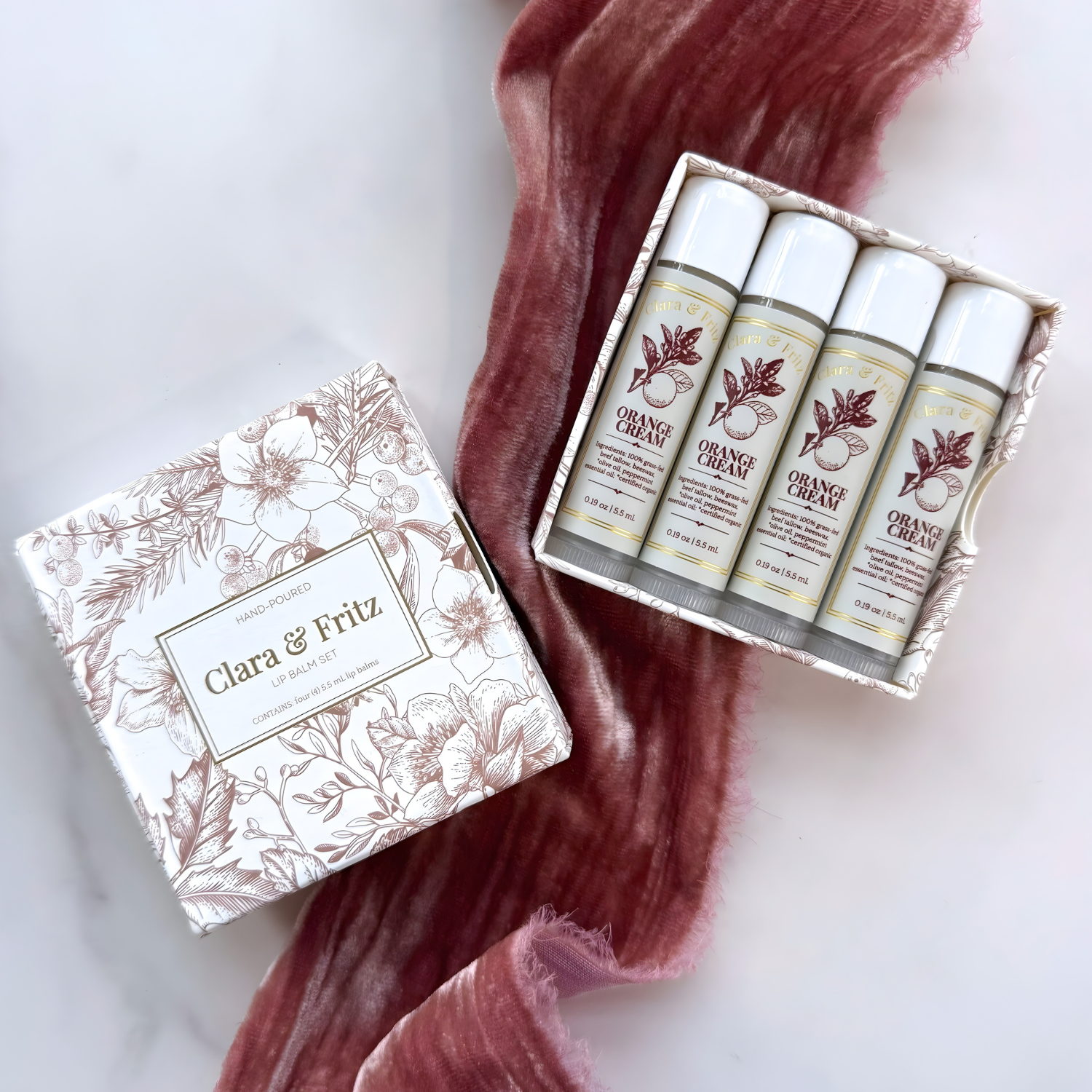 Set of skincare products with 'Clara & Fritz' branding on a white background