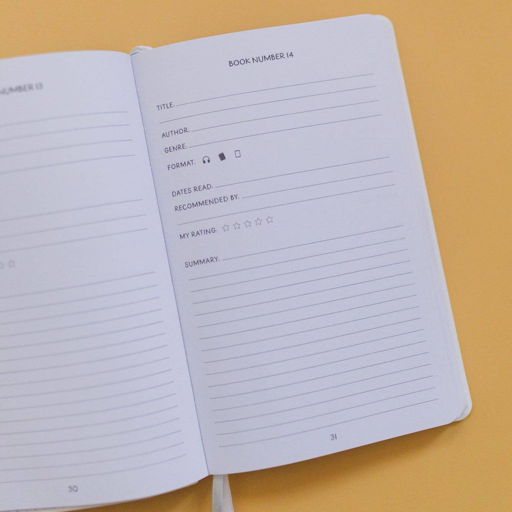 Book review pages with space for ratings and personal notes.