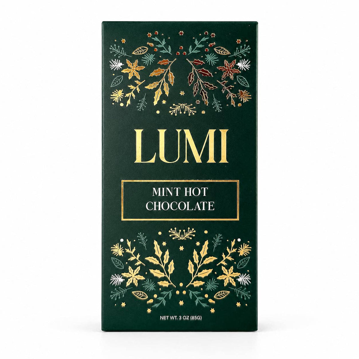 A 3 oz box of LUMI Mint Hot Chocolate, featuring a dark forest green box decorated with gold, green, and white botanical illustrations and gold lettering.
