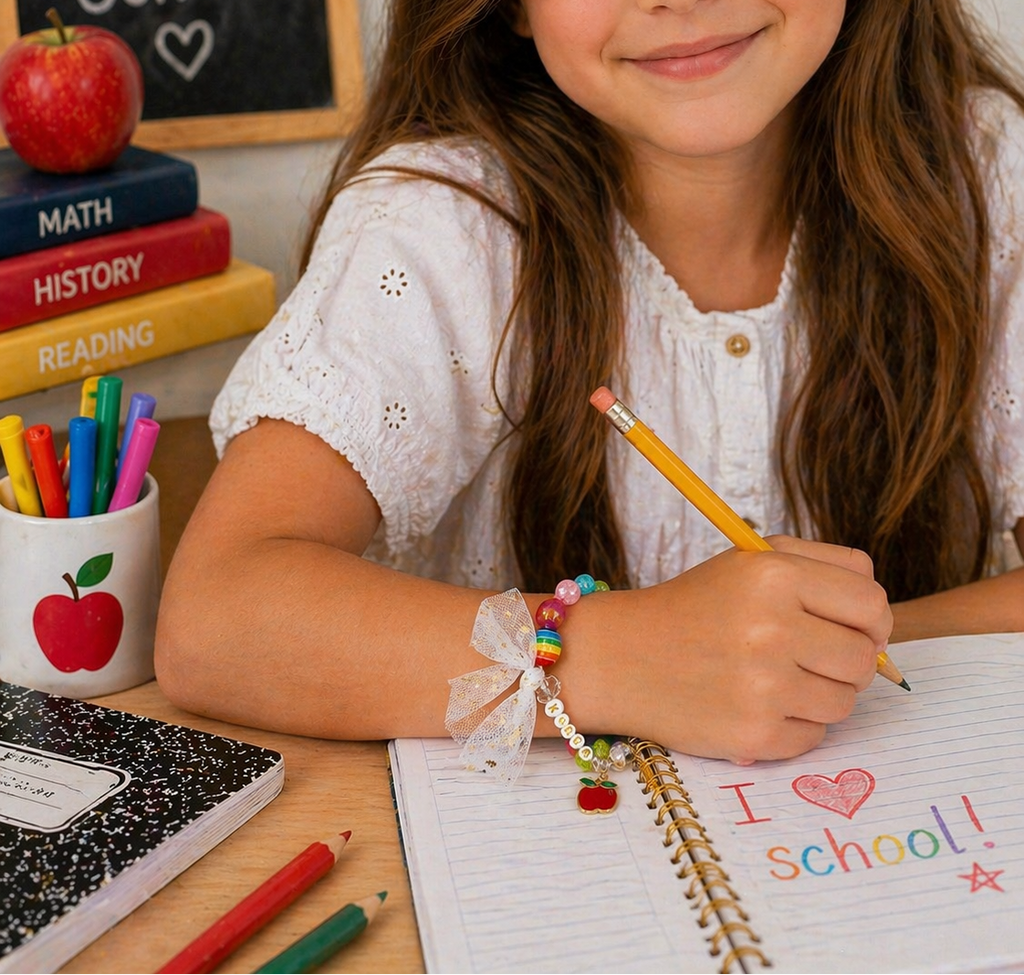 Young girl holding a pencil with school supplies and 'Back to School' sign in the background