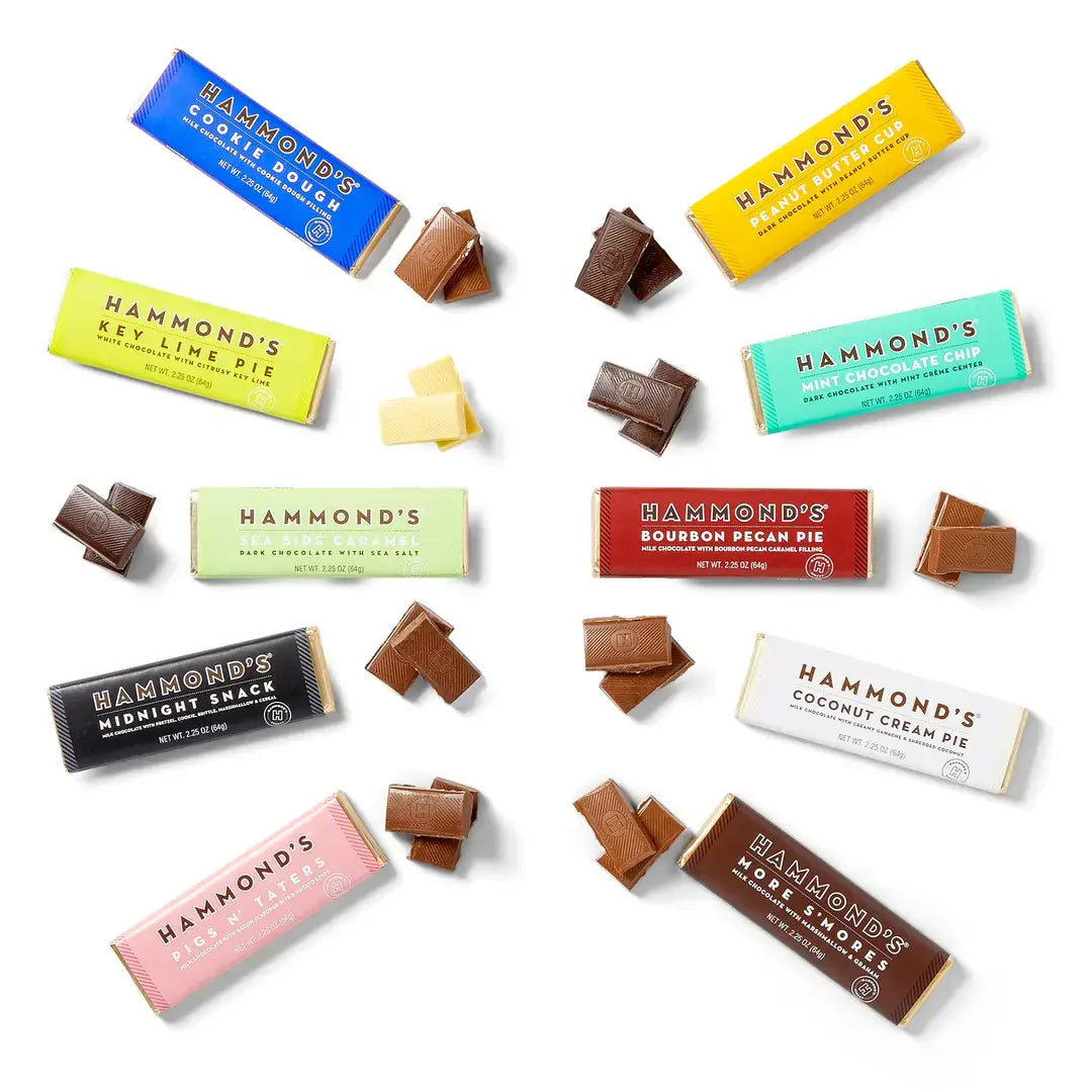 Assorted Hammond's chocolate bars with colorful packaging on a white background