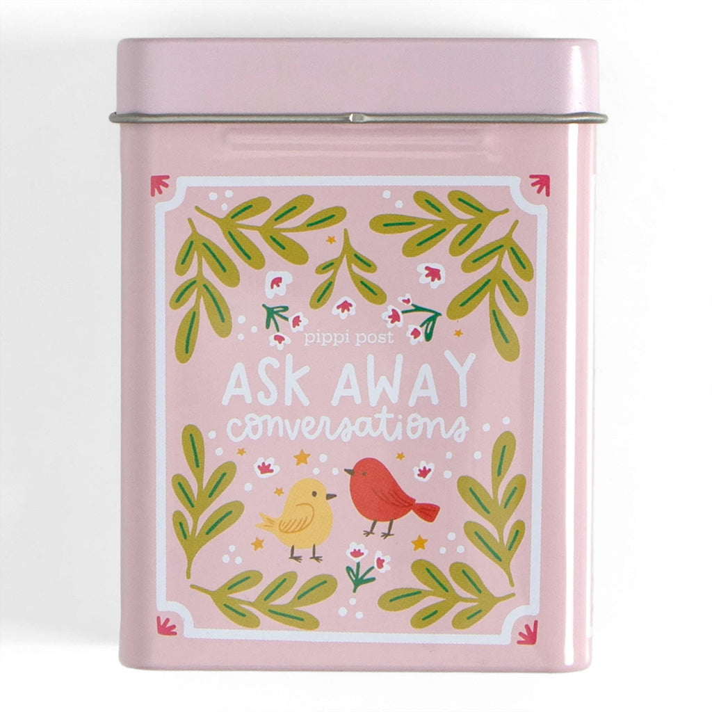 Pink tin with bird illustrations and text on a white background