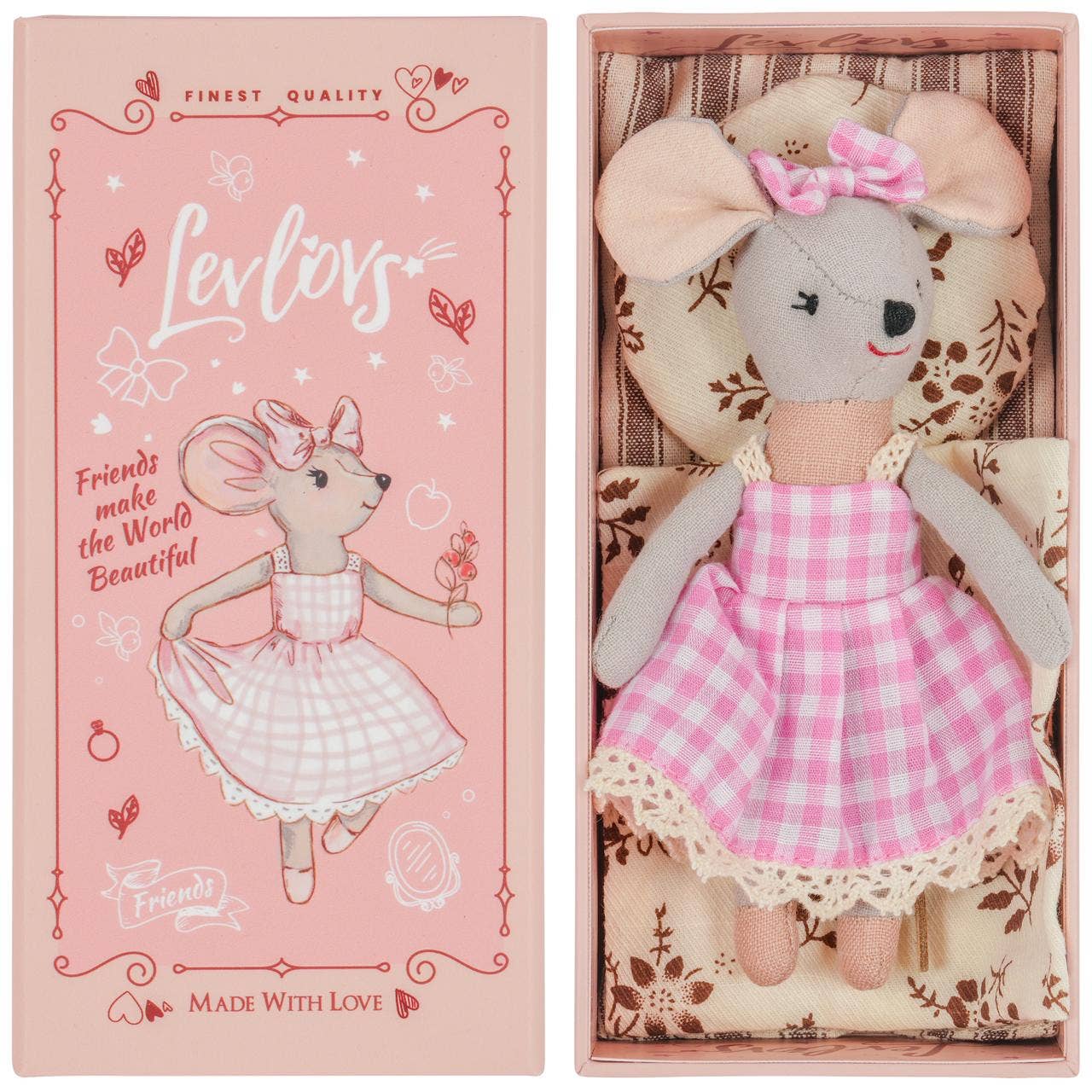 Mouse doll in a checkered dress with a pink bow, inside a decorative box with 'Levlevs' branding.