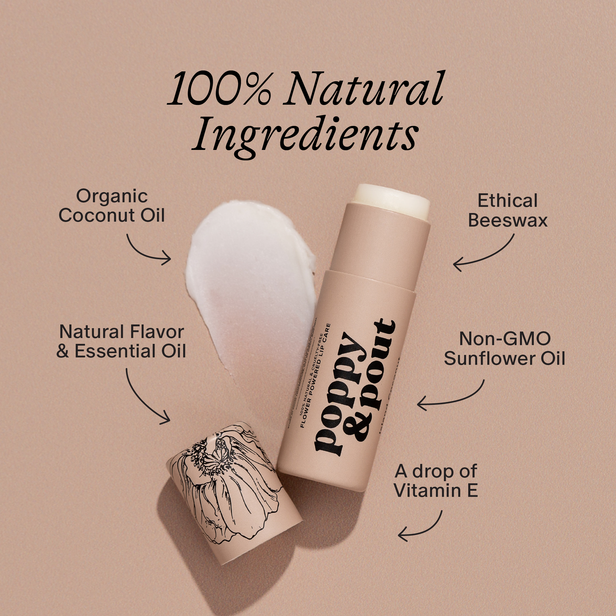 Lip balm with labeled natural ingredients on a beige background