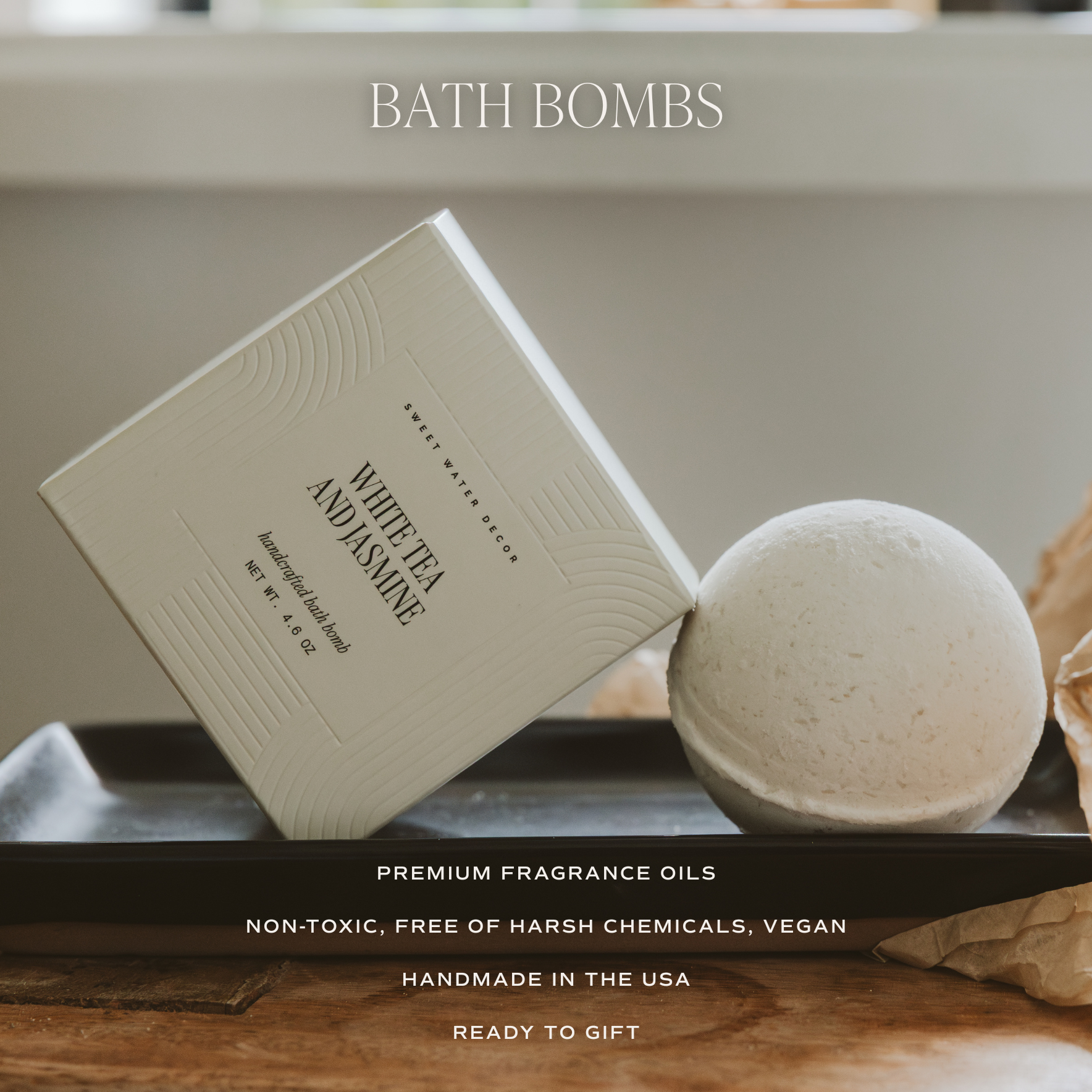 Bath bomb with packaging on a wooden surface, featuring text about product details.