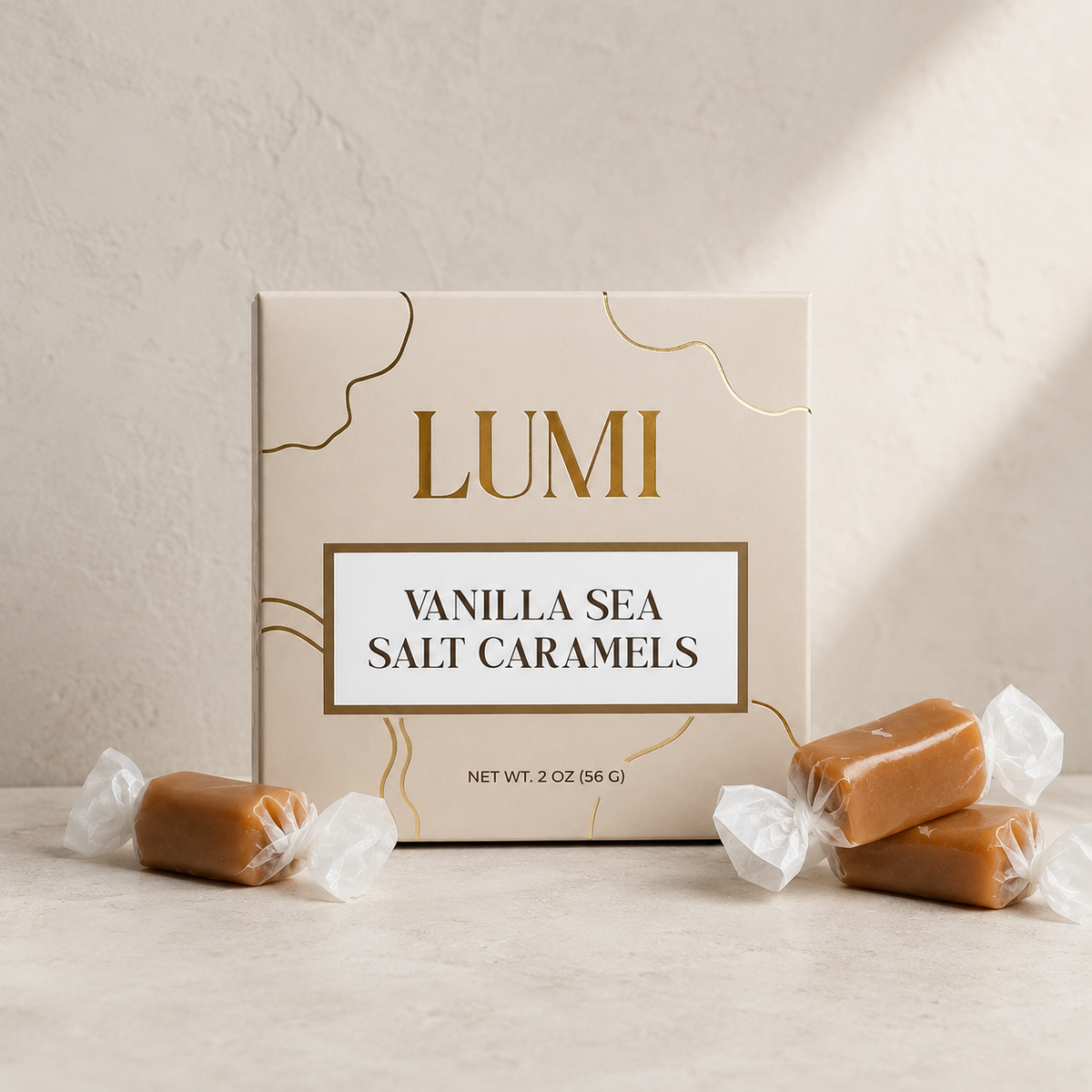 Lumi Vanilla Sea Salt Caramels packaging with caramels on a neutral background