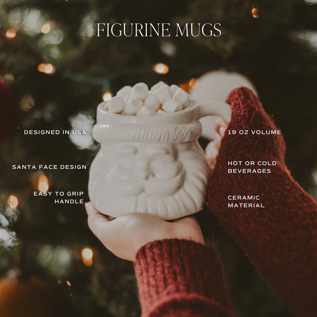 Santa face mug filled with marshmallows, with text highlighting its 19 oz capacity, ceramic material, and hot or cold beverage use.
